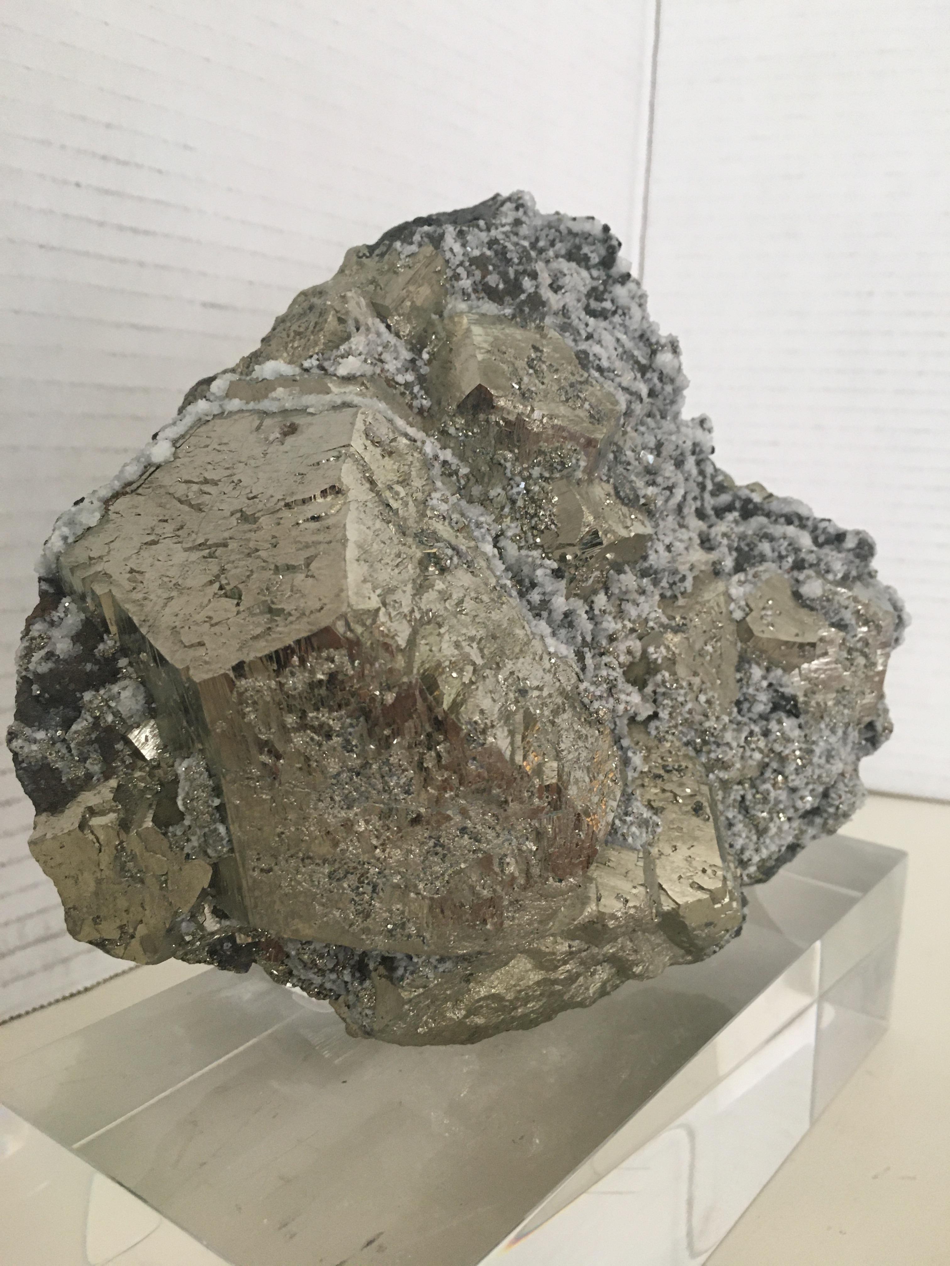 Brazilian Large Pyrite with Quartz Crystals Specimen on Custom Lucite Base