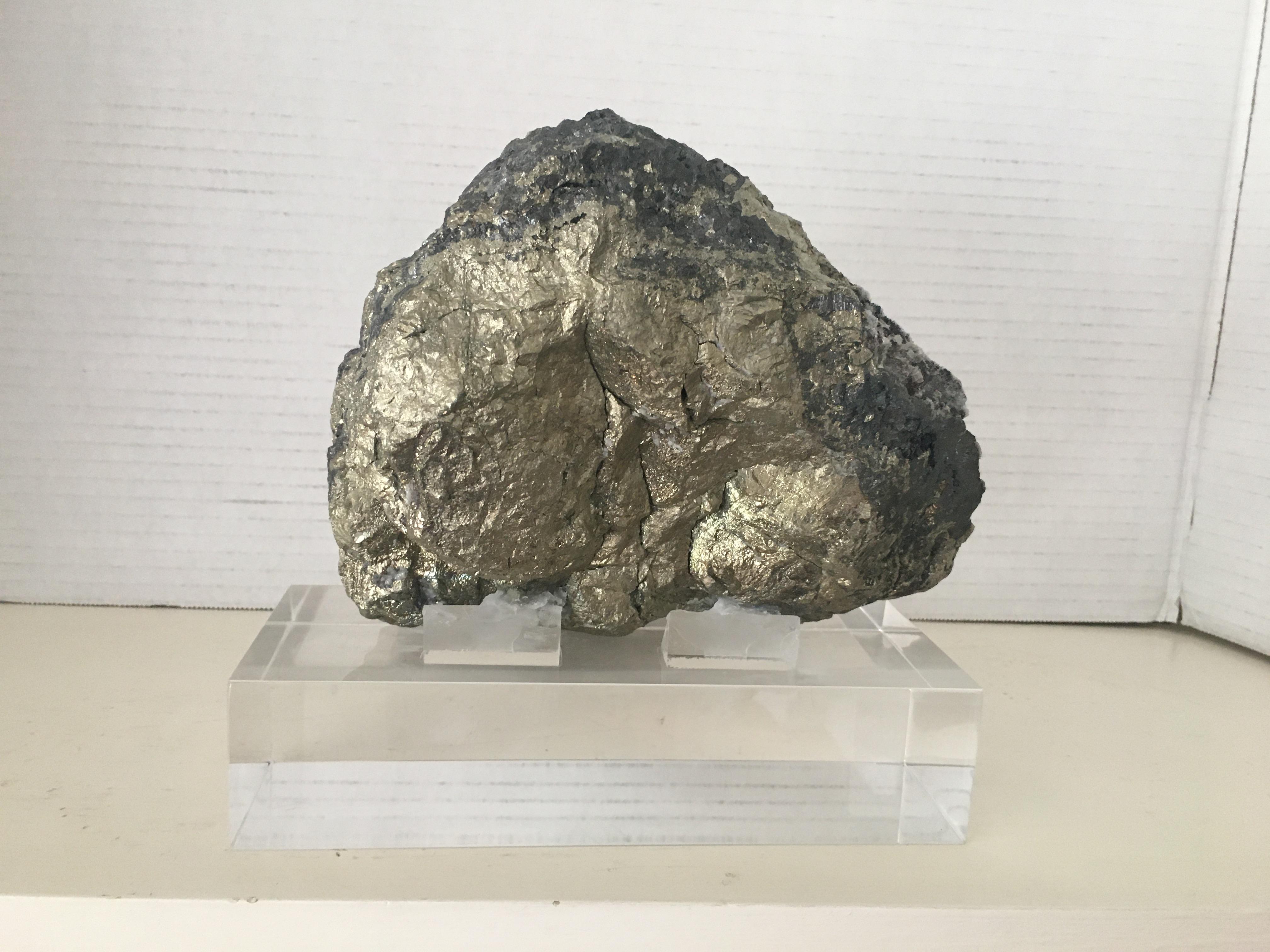 Large Pyrite with Quartz Crystals Specimen on Custom Lucite Base In Good Condition In Chicago, IL