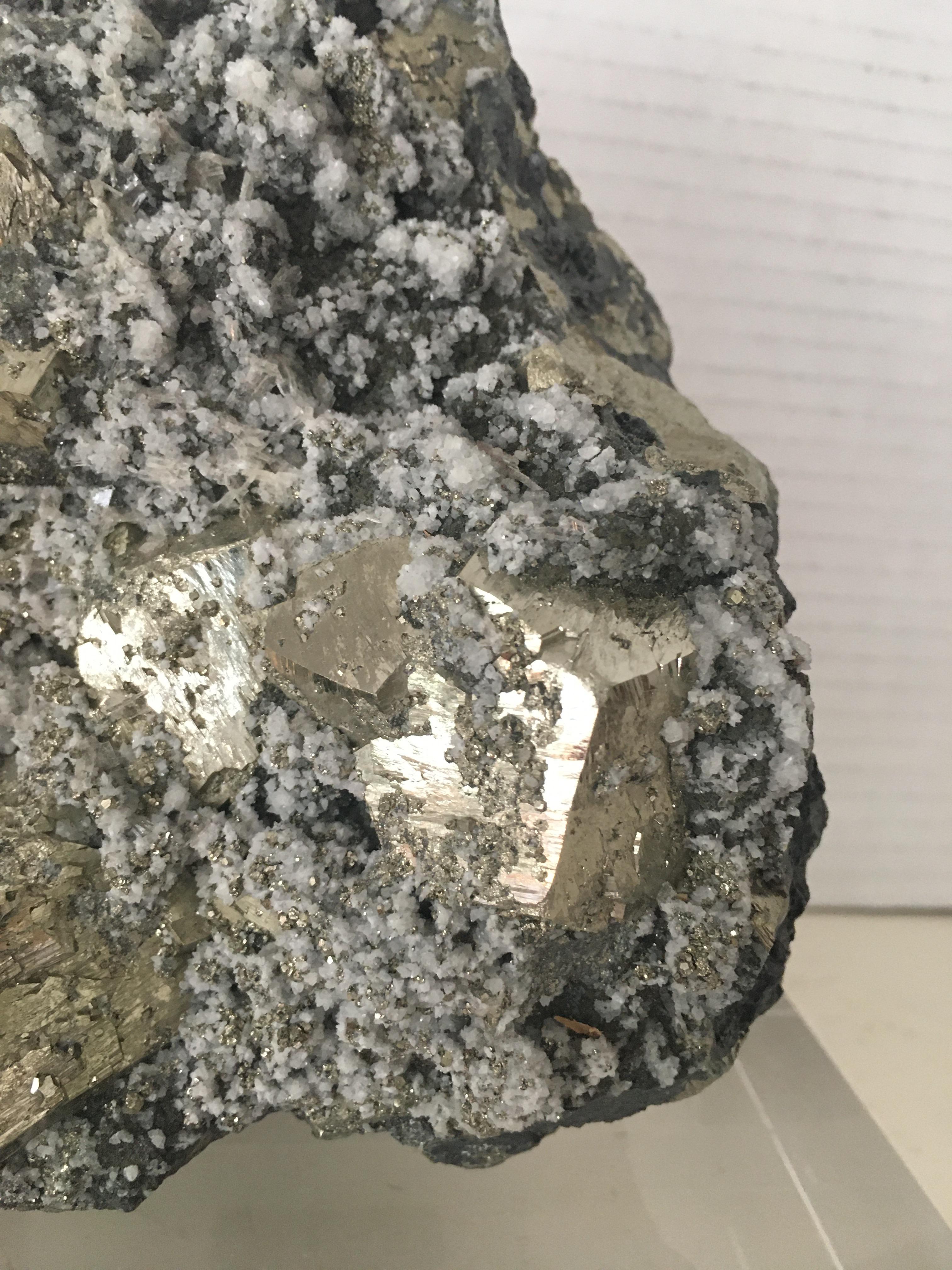 20th Century Large Pyrite with Quartz Crystals Specimen on Custom Lucite Base