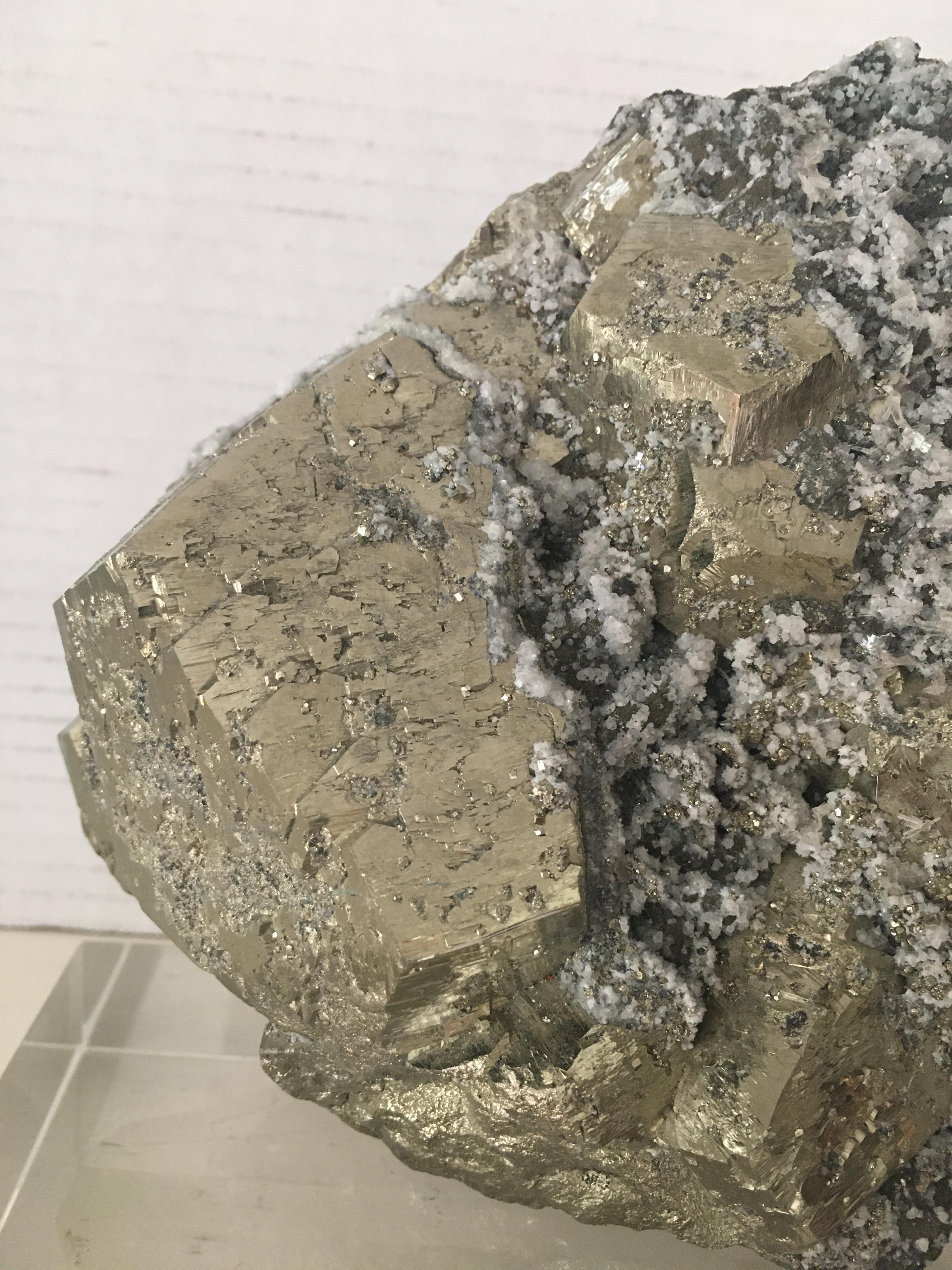 Large Pyrite with Quartz Crystals Specimen on Custom Lucite Base 1