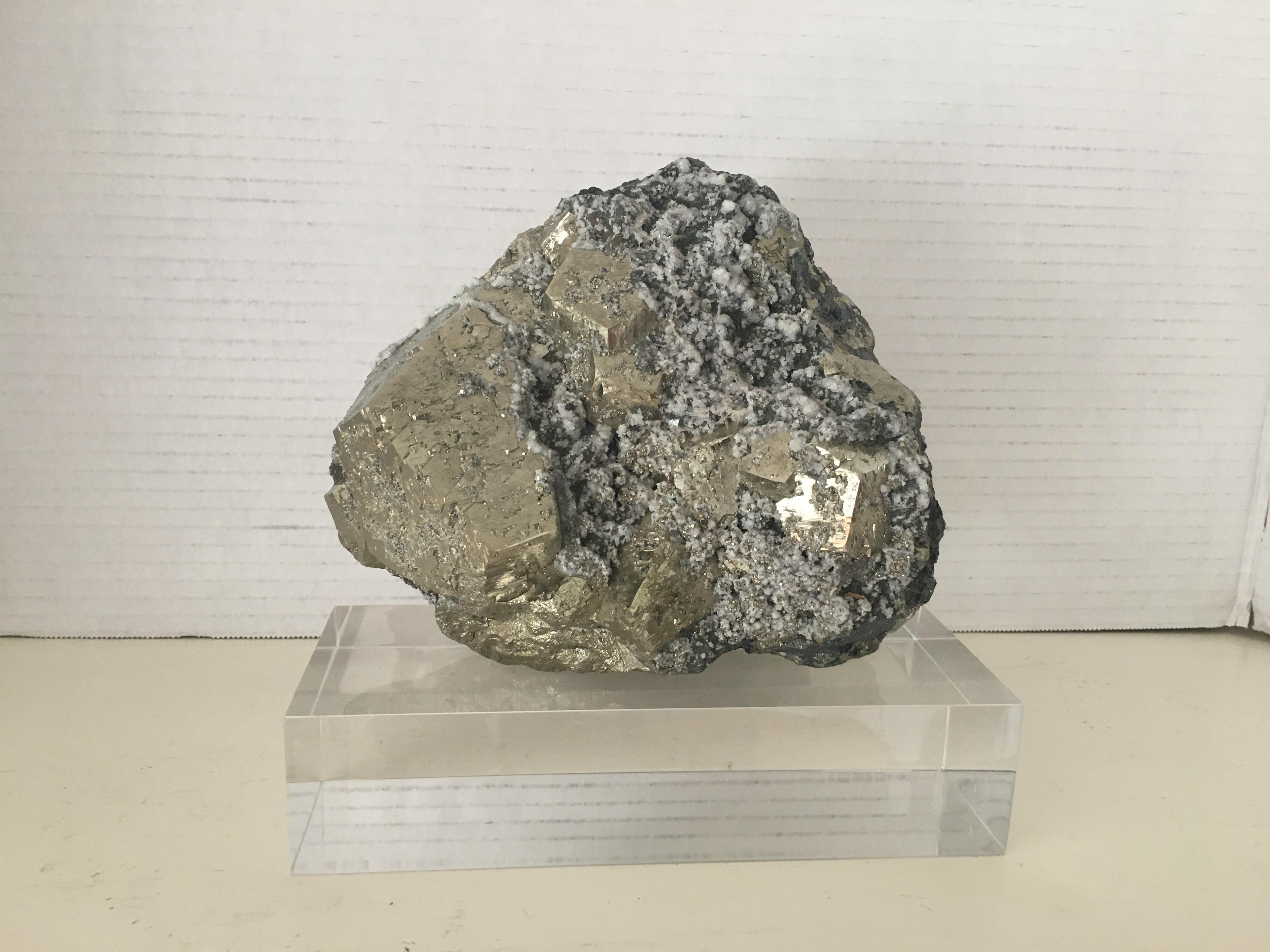 Large Pyrite with Quartz Crystals Specimen on Custom Lucite Base 2