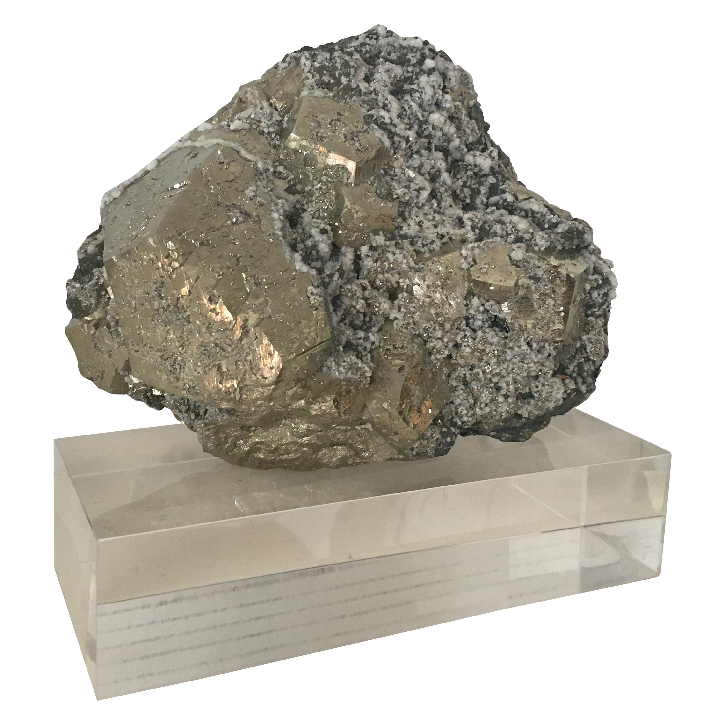 Large Pyrite with Quartz Crystals Specimen on Custom Lucite Base