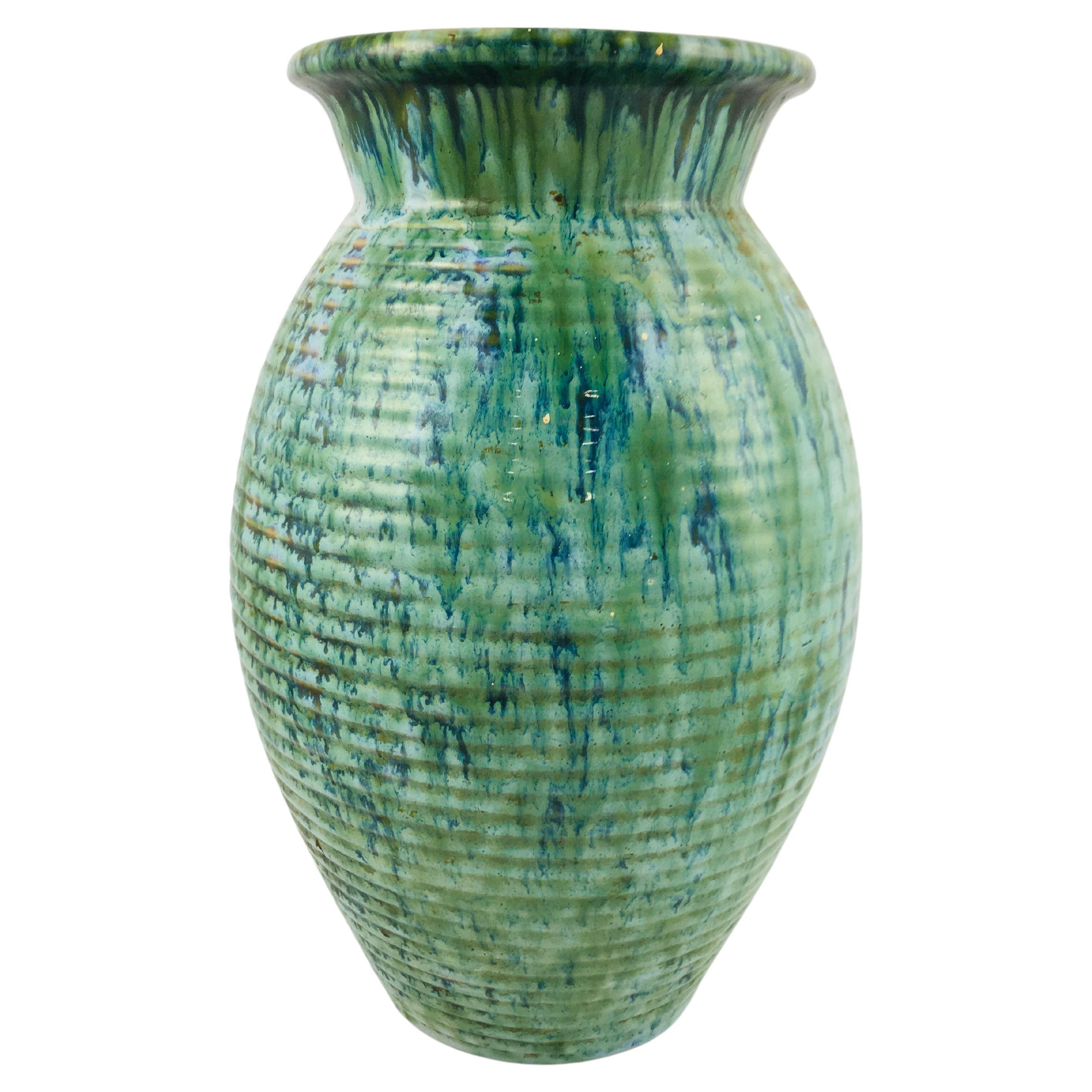 Large Green/Blue Marble Patterned Grooved Vase by Zsolnay from Hungary, 1930's