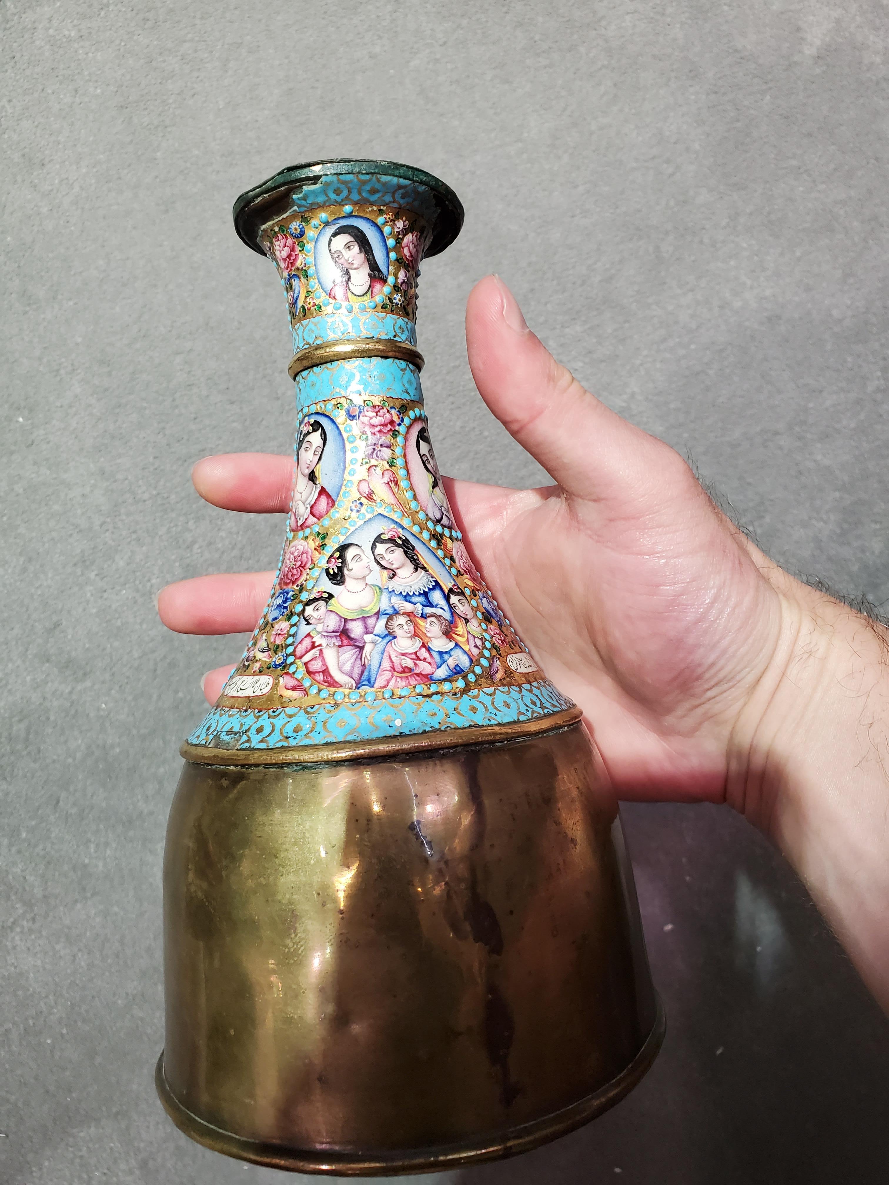 Large Qajar and Enamelled Ghalian Section with Brass Hookah Base For Sale 1