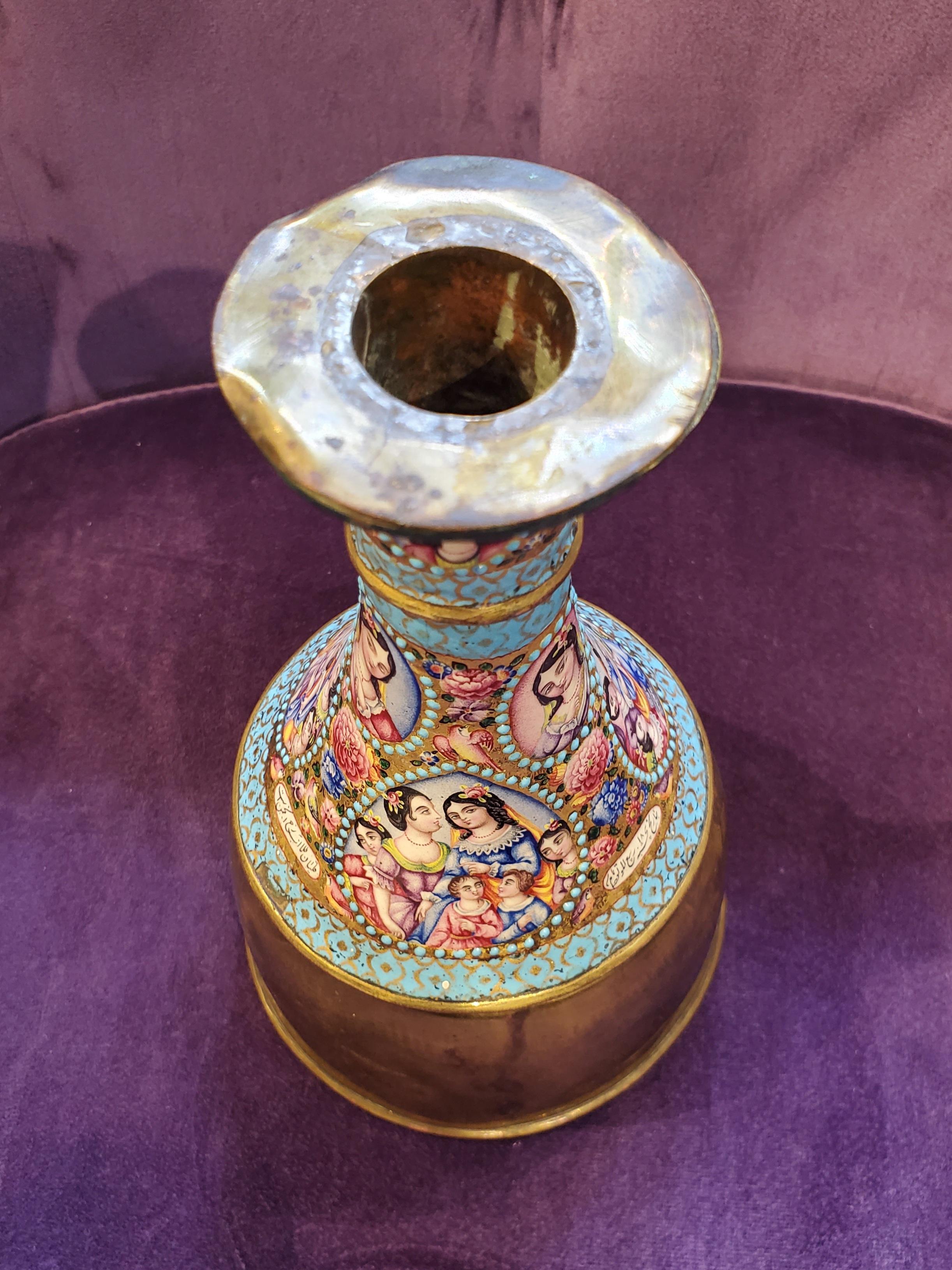 Large Qajar and Enamelled Ghalian Section with Brass Hookah Base In Excellent Condition For Sale In New York, NY