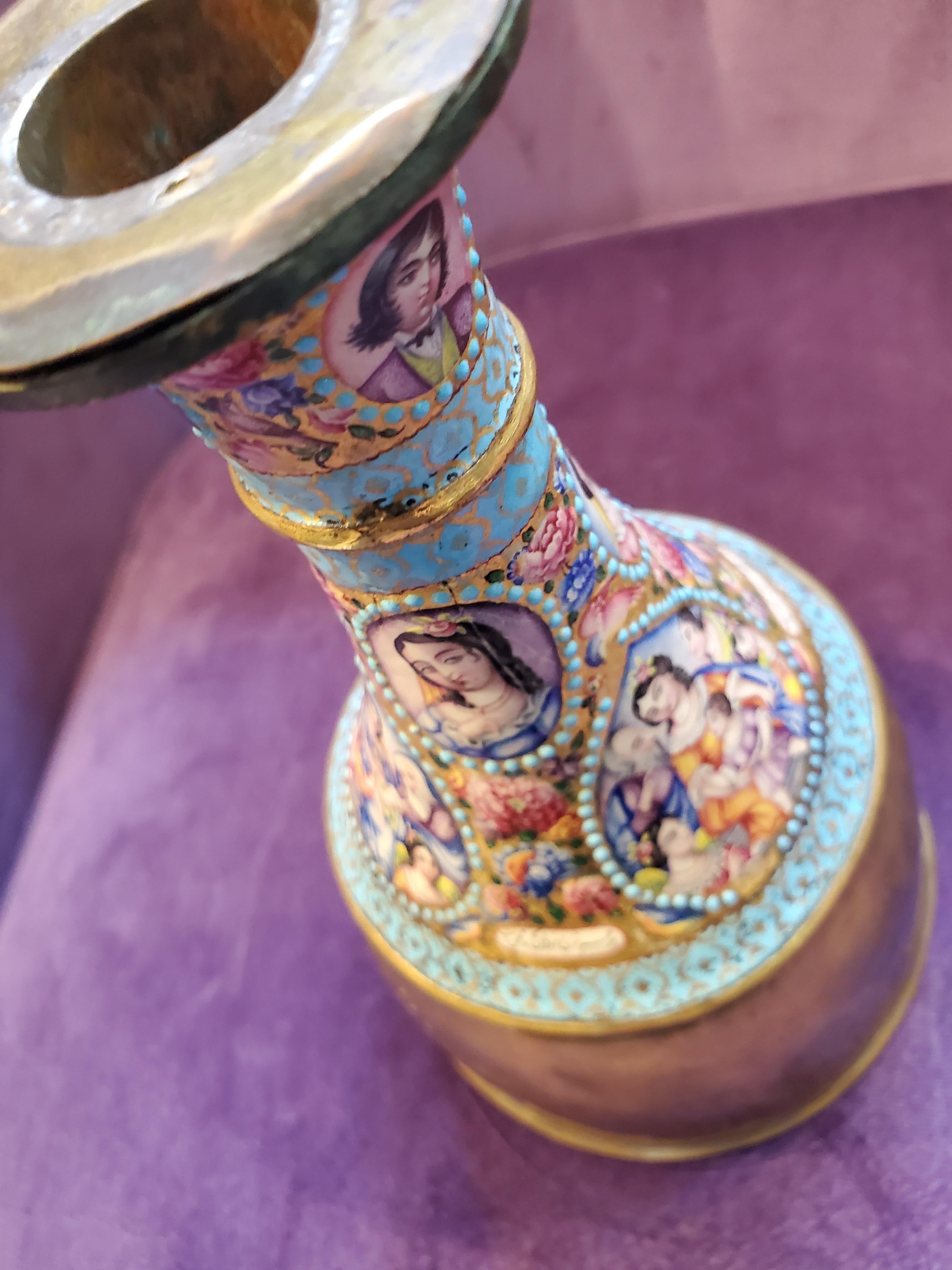 19th Century Large Qajar and Enamelled Ghalian Section with Brass Hookah Base For Sale