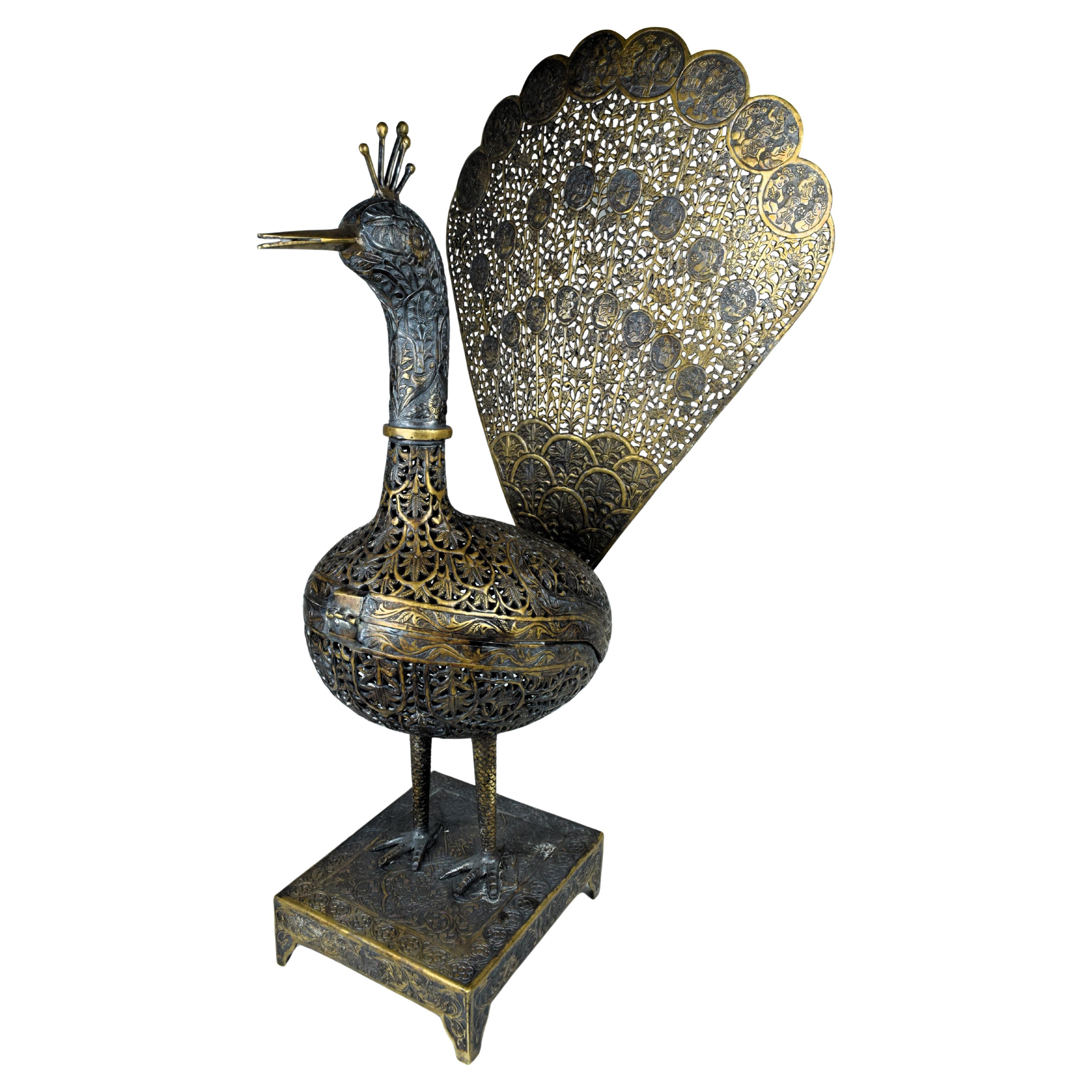 Large Qajar Brass Peacock Incense Burner, Iran, 19th Century