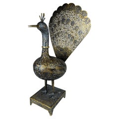 Antique Large Qajar Brass Peacock Incense Burner, Iran, 19th Century