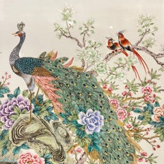 Large Qianjiang Chinese Porcelain Plaque Depicting Peacock and Exotic Birds