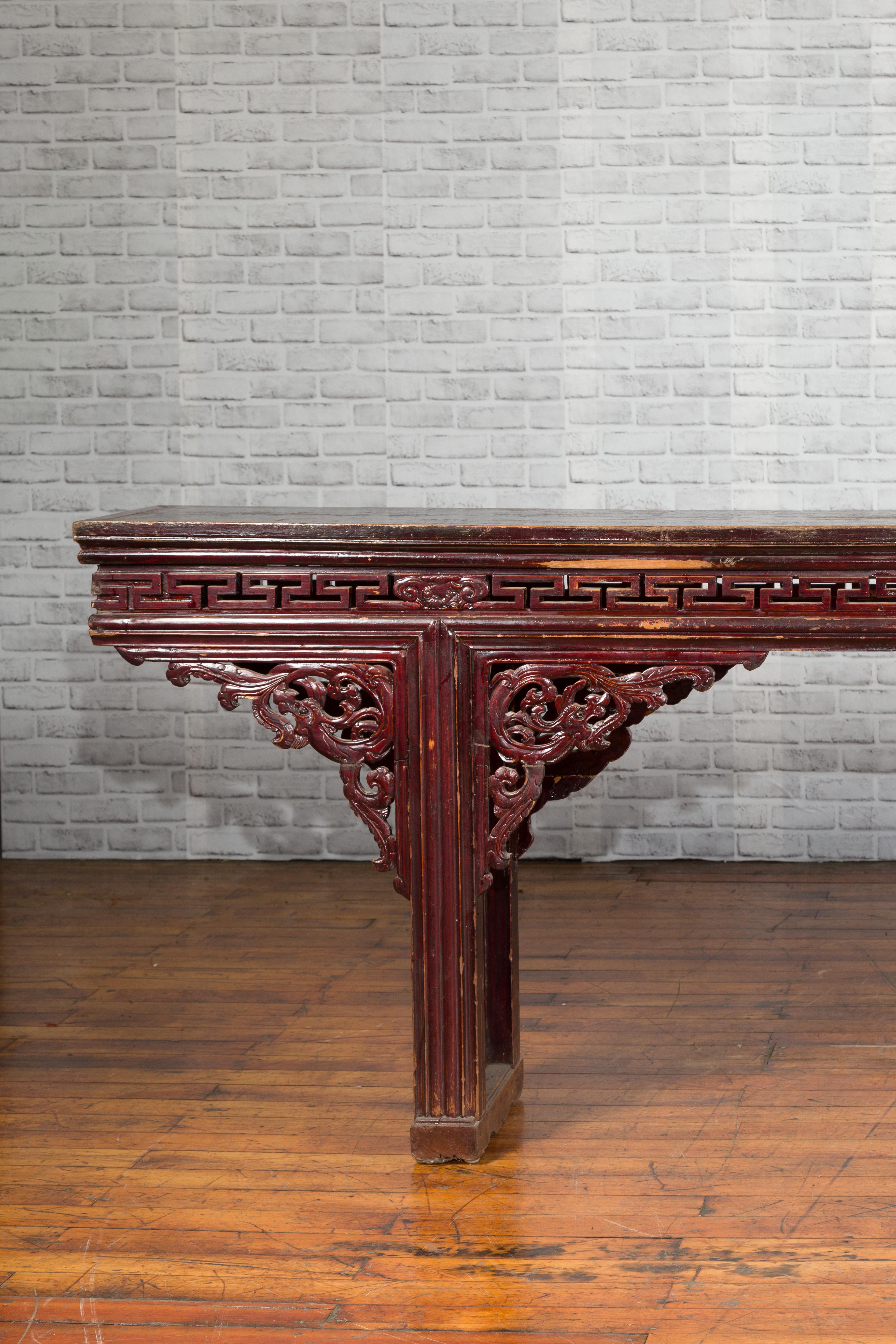 Carved Large Qing Dynasty Chinese Altar Console Table with Fretwork and Dragon Motifs For Sale