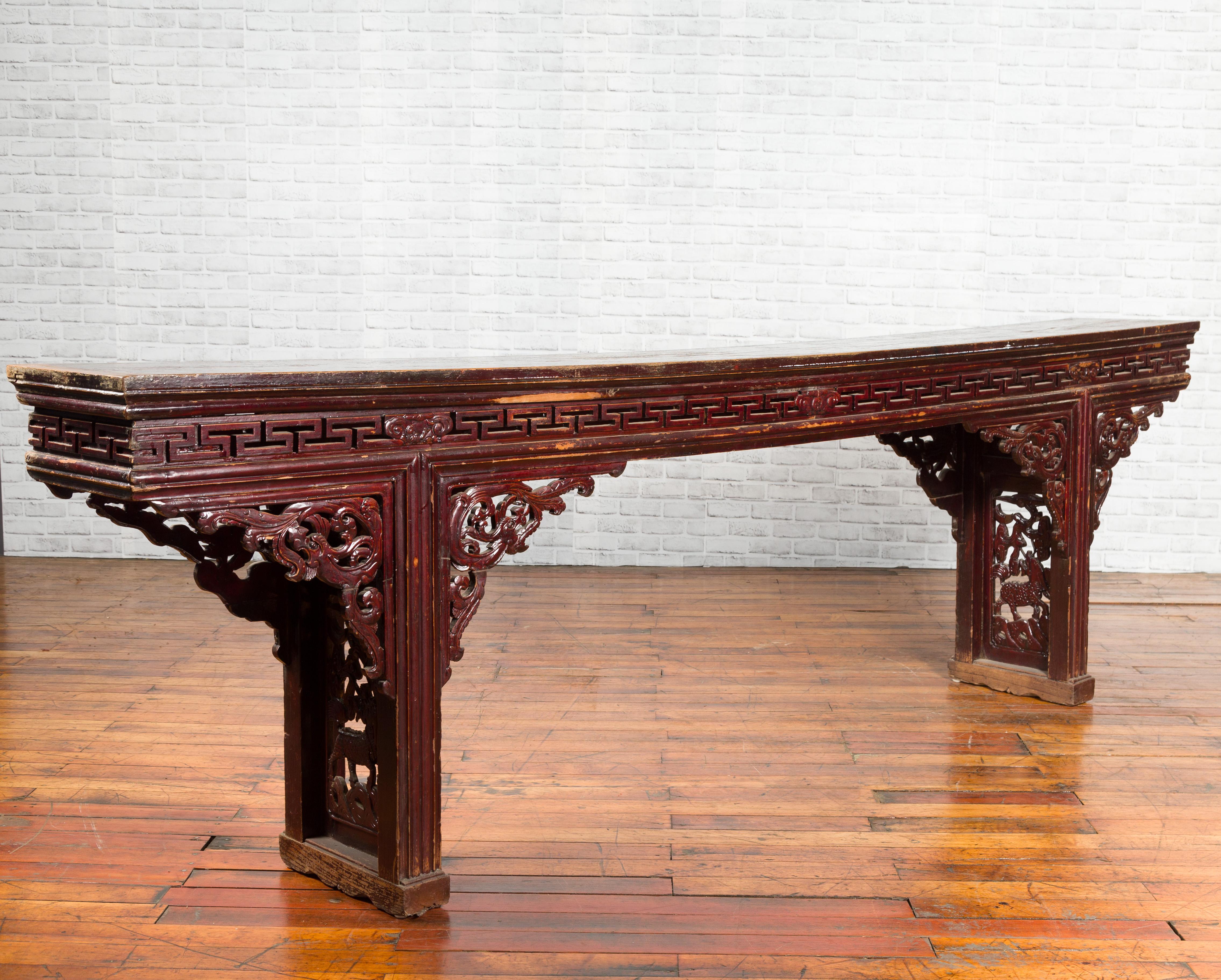 Wood Large Qing Dynasty Chinese Altar Console Table with Fretwork and Dragon Motifs For Sale