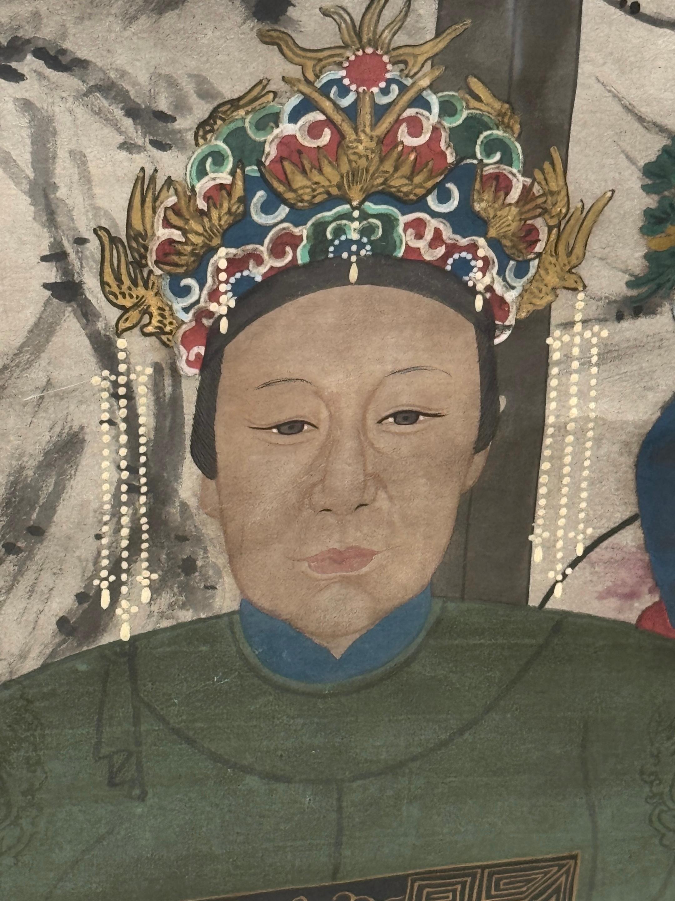 Grand double portrait ancestral de la dynastie Qing Chine, fin C.I.C. Période Guangxu en vente 4