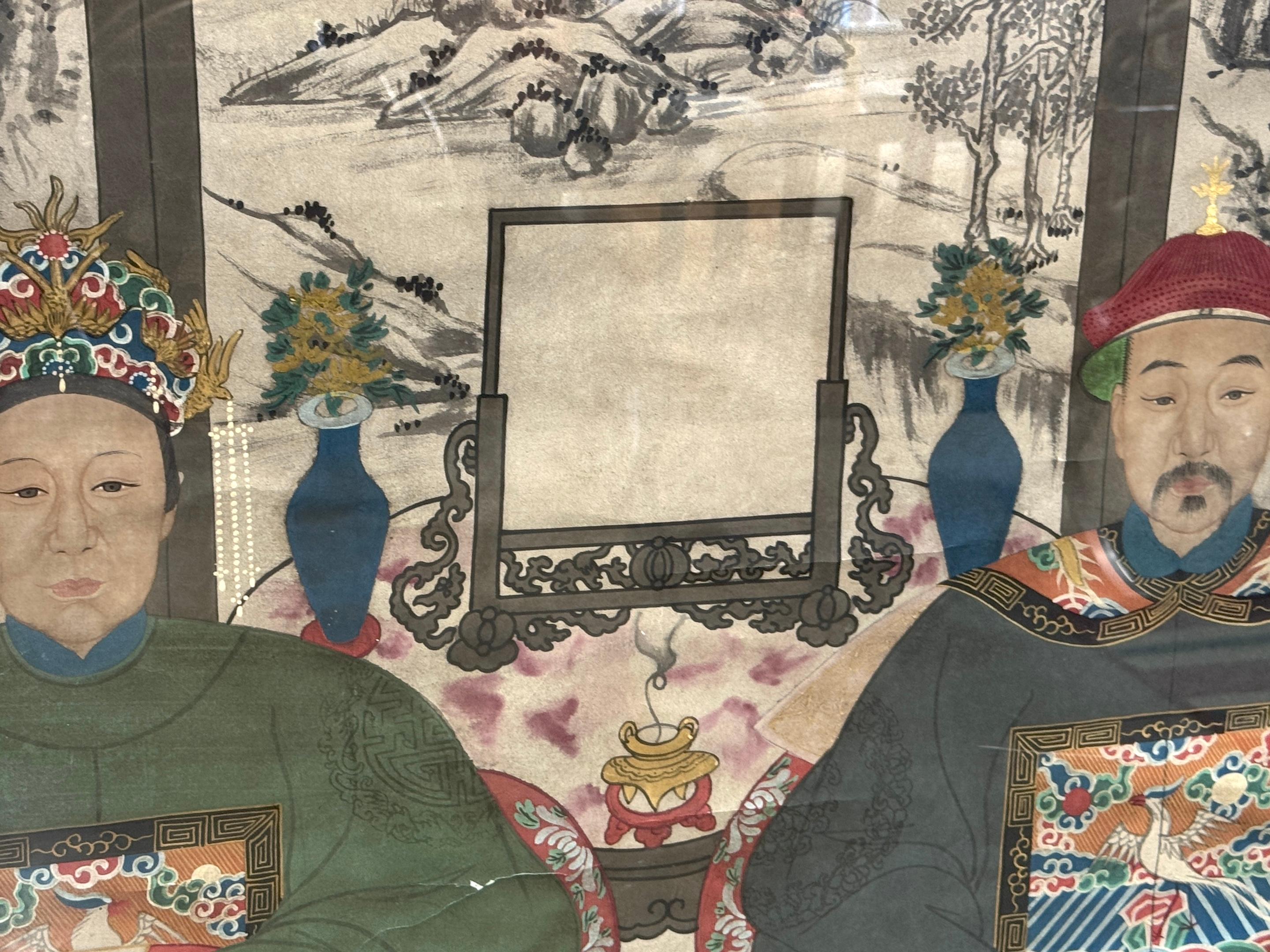 Grand double portrait ancestral de la dynastie Qing Chine, fin C.I.C. Période Guangxu en vente 6