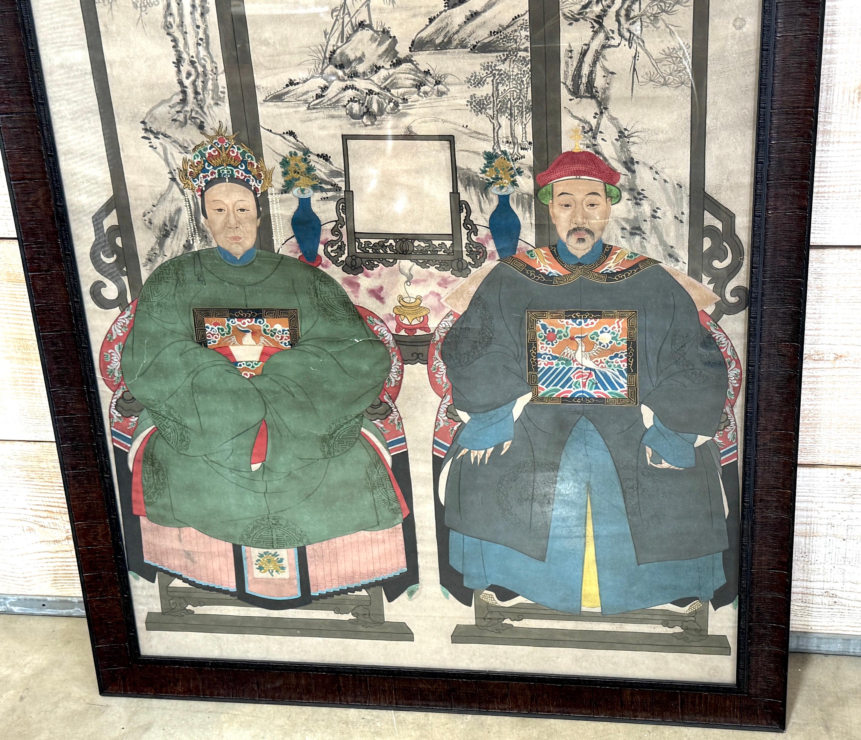 Exportation chinoise Grand double portrait ancestral de la dynastie Qing Chine, fin C.I.C. Période Guangxu en vente