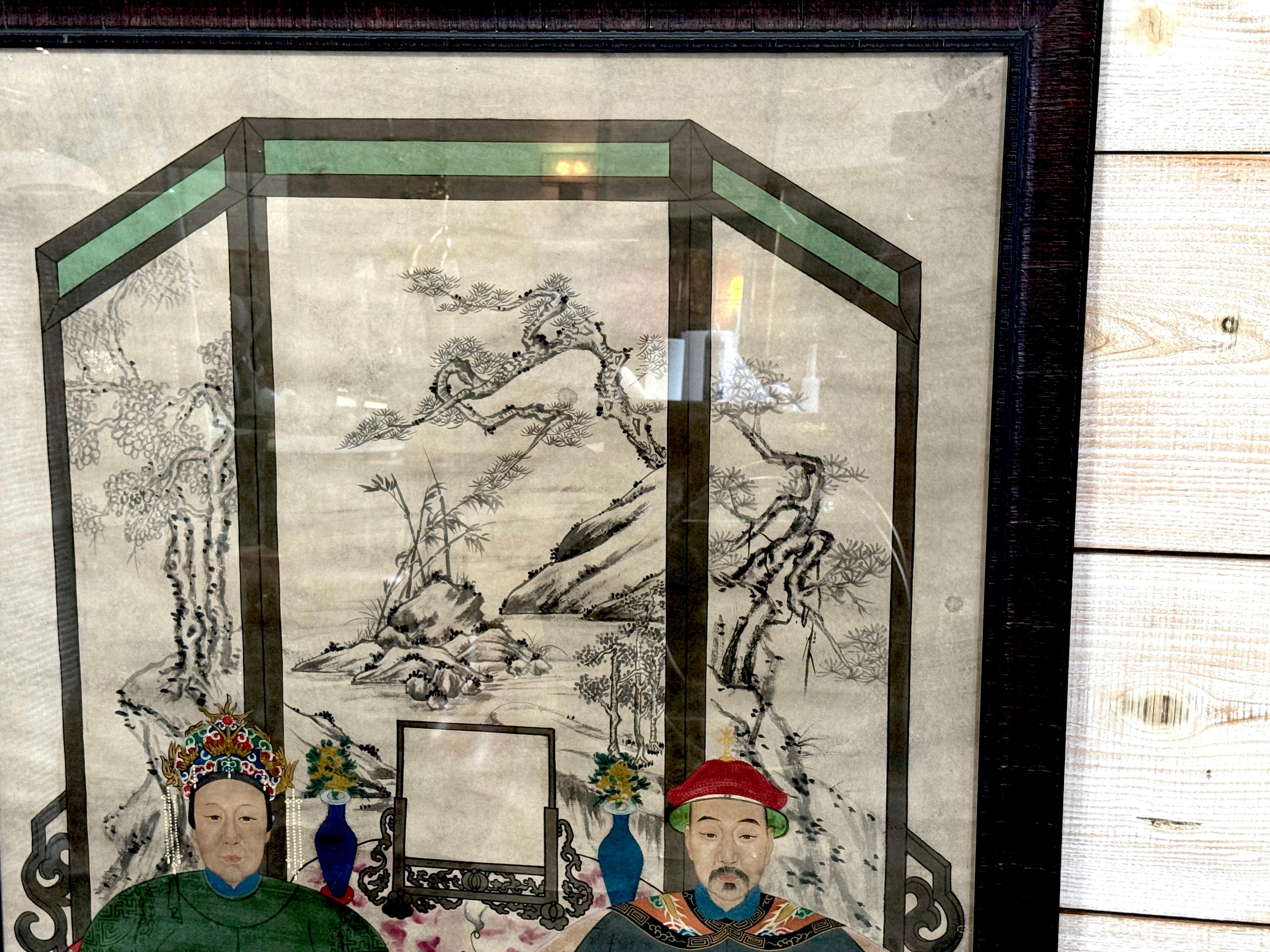 Chinois Grand double portrait ancestral de la dynastie Qing Chine, fin C.I.C. Période Guangxu en vente