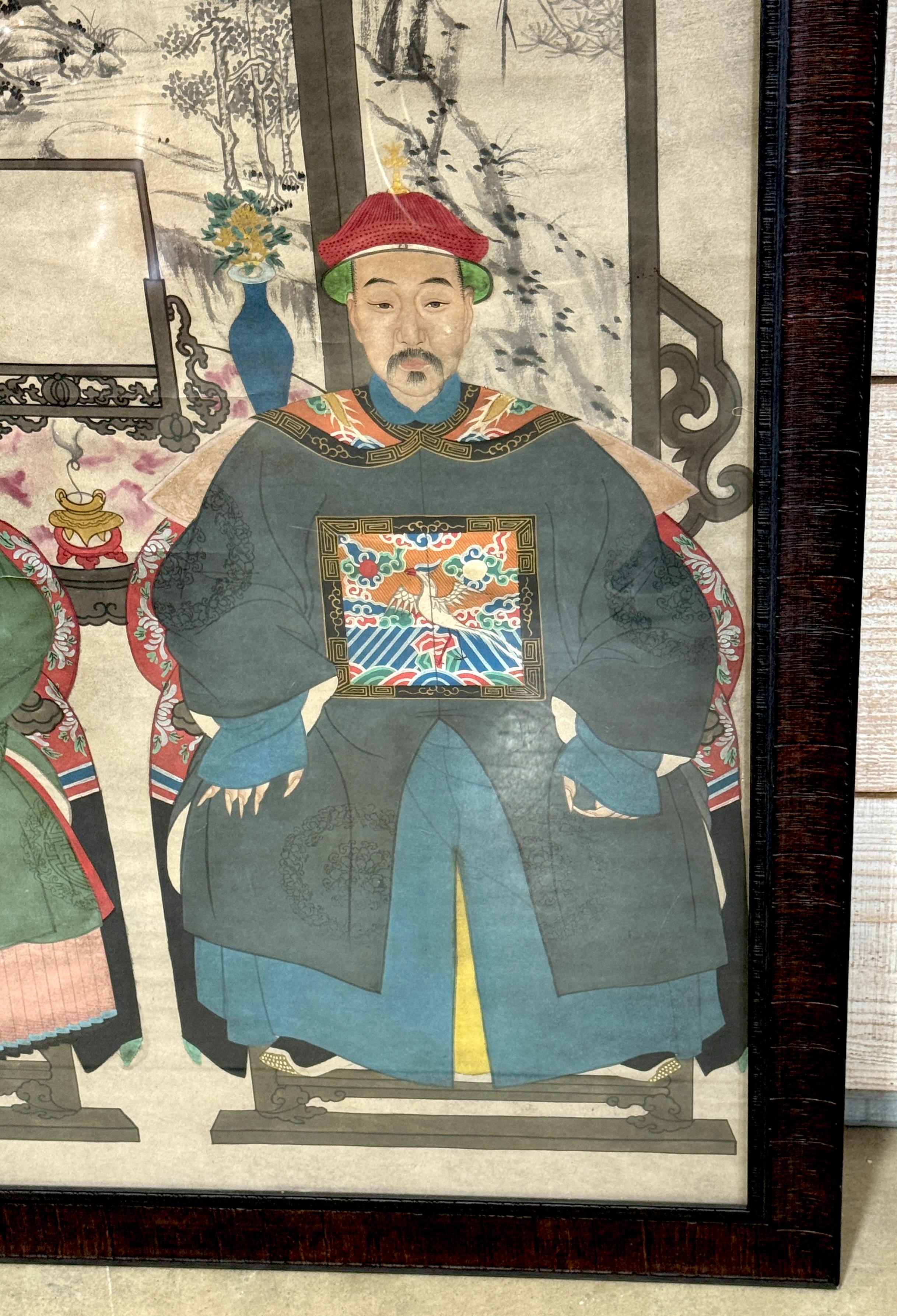 Peint à la main Grand double portrait ancestral de la dynastie Qing Chine, fin C.I.C. Période Guangxu en vente