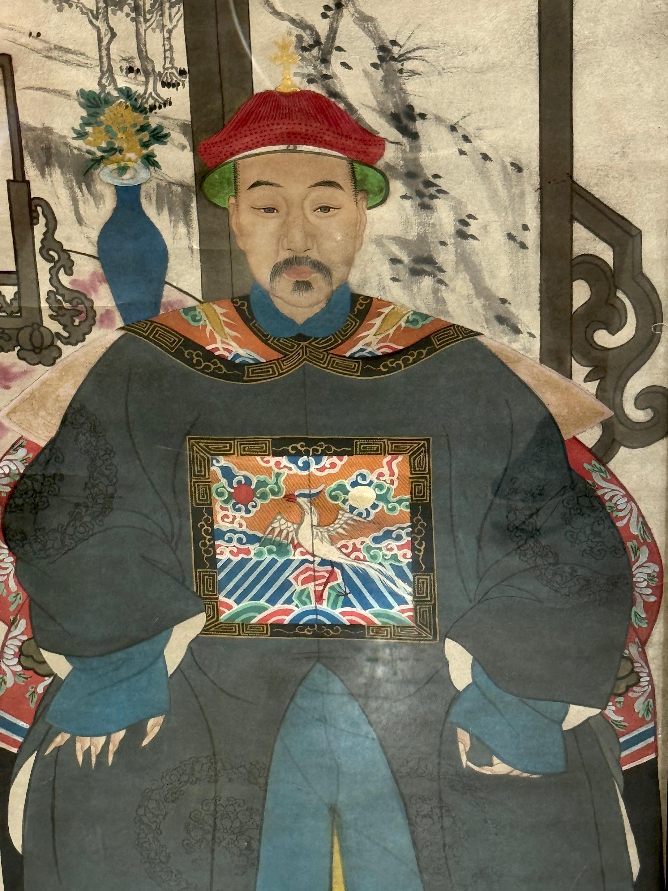 Grand double portrait ancestral de la dynastie Qing Chine, fin C.I.C. Période Guangxu Bon état - En vente à West Palm Beach, FL