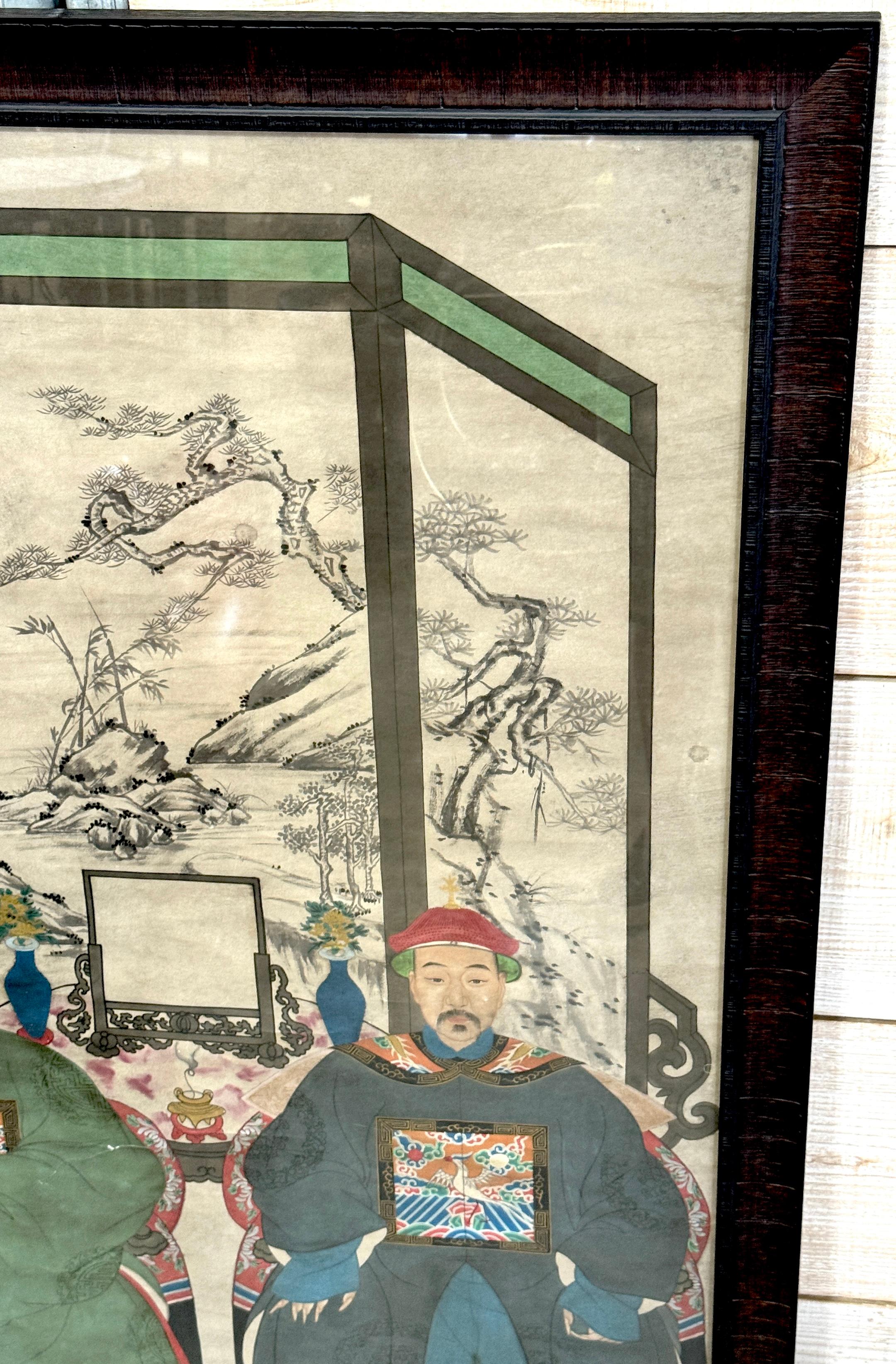 Plexiglas Grand double portrait ancestral de la dynastie Qing Chine, fin C.I.C. Période Guangxu en vente