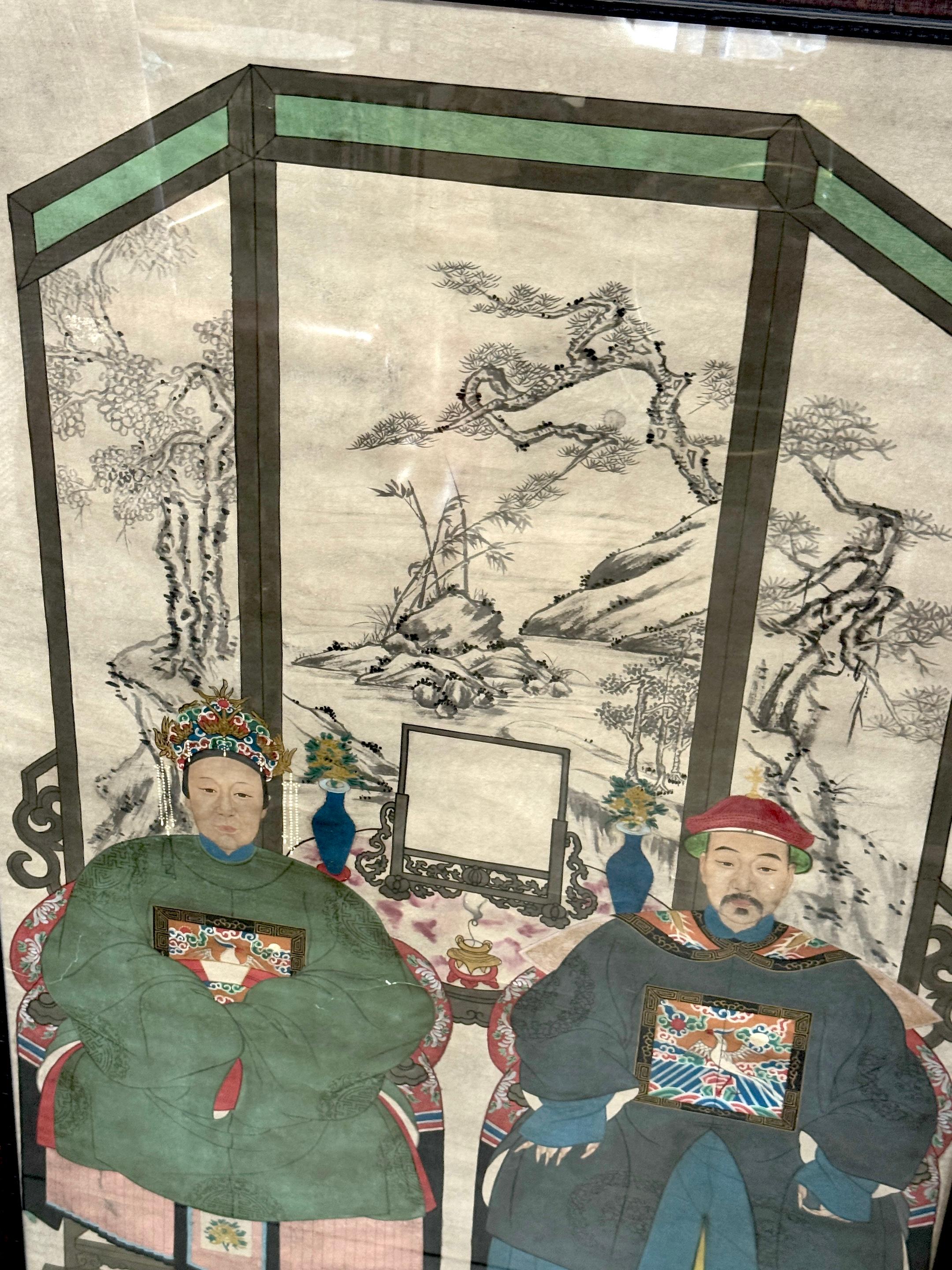 Grand double portrait ancestral de la dynastie Qing Chine, fin C.I.C. Période Guangxu en vente 1