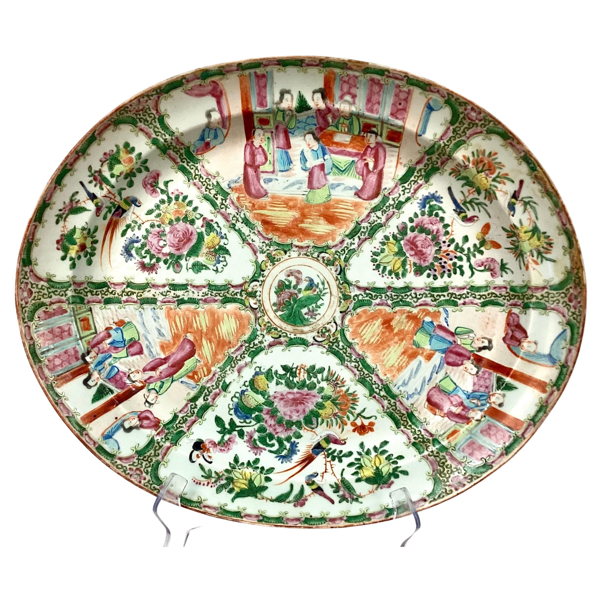 Porcelain Large Qing Dynasty Famille Rose Medallion Platter, Vivid Enamels, Canton c. 1870 For Sale