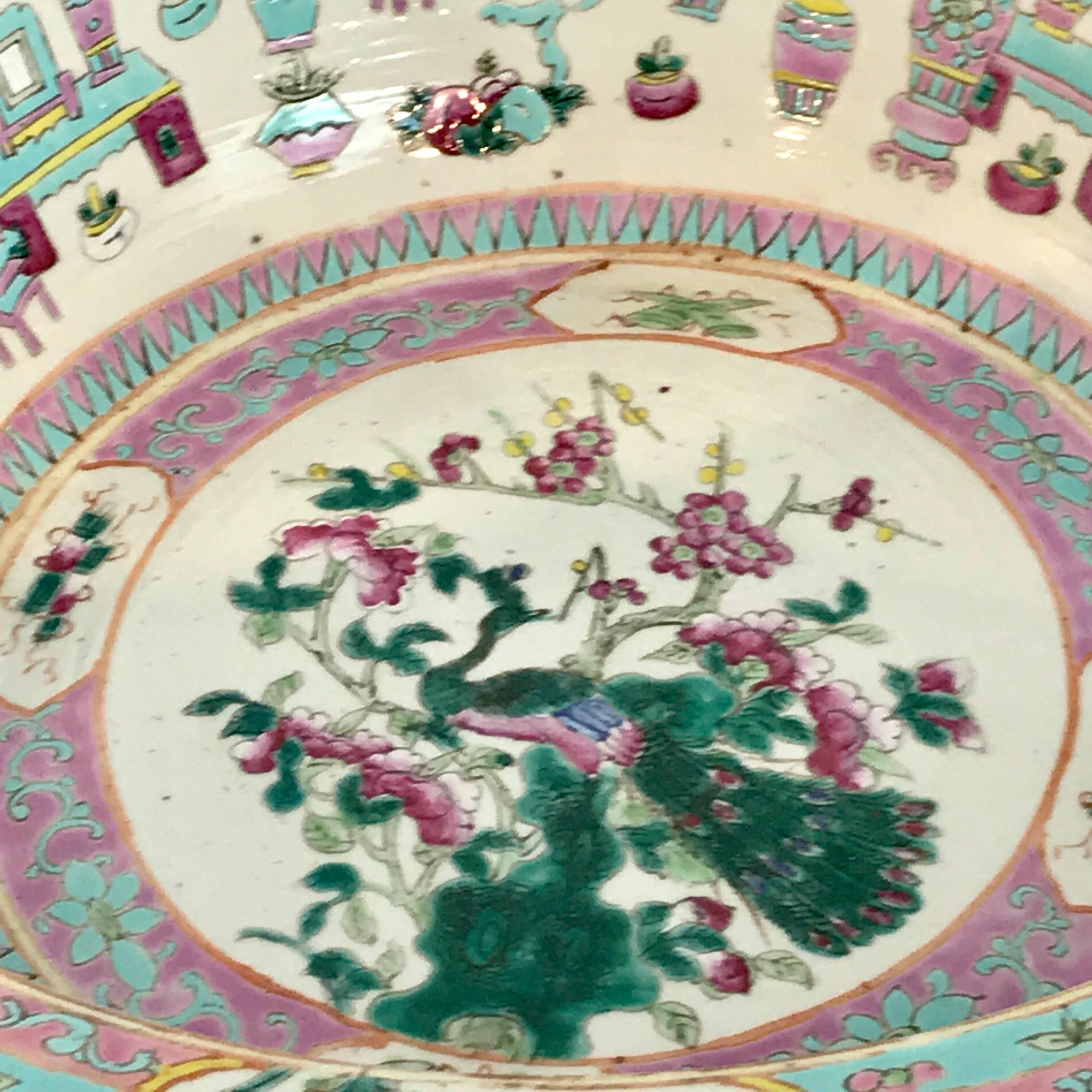 Large Qing Dynasty Famille Verte Peacock and Vase Motif Bowl 6