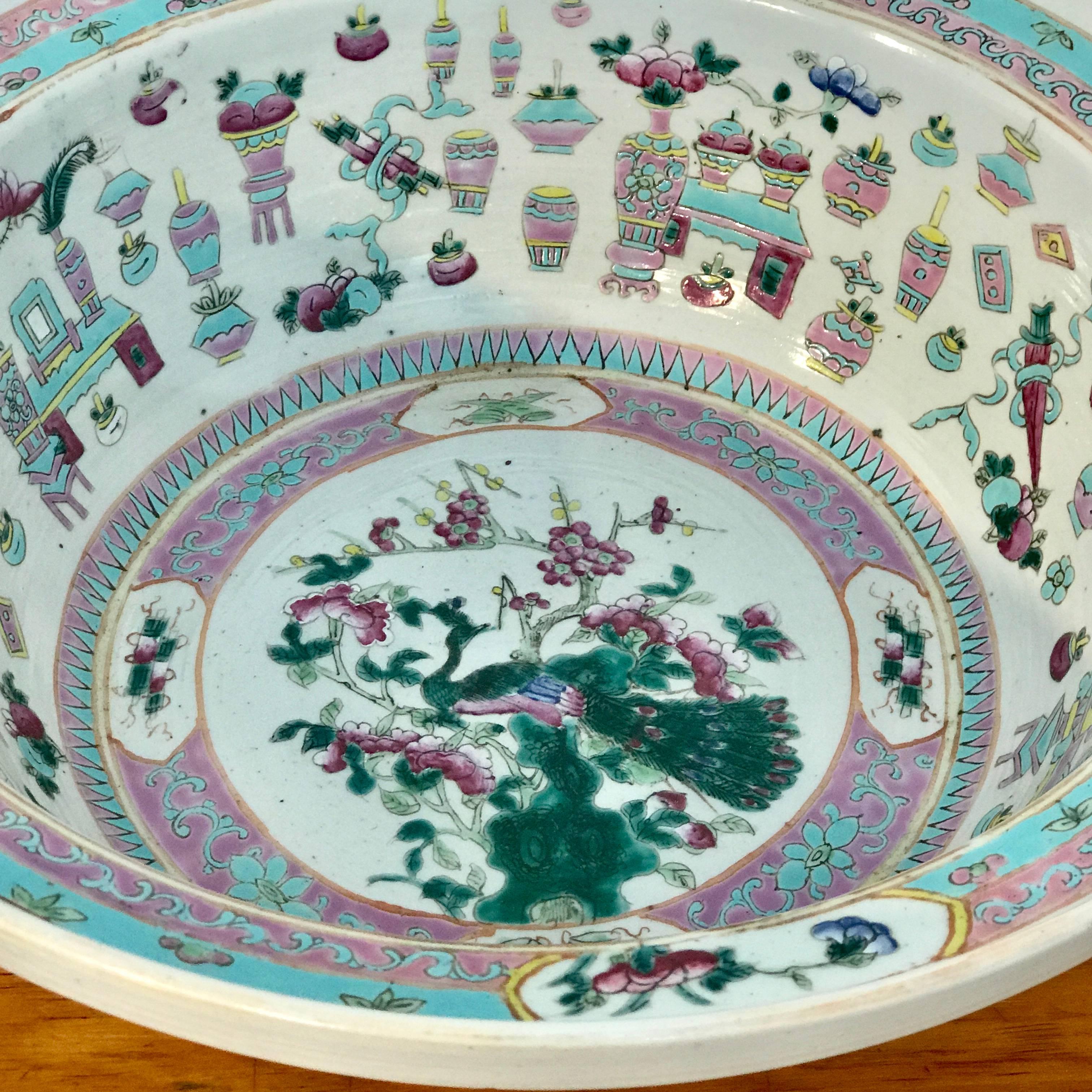 Large Qing Dynasty Famille Verte Peacock and Vase Motif Bowl 10