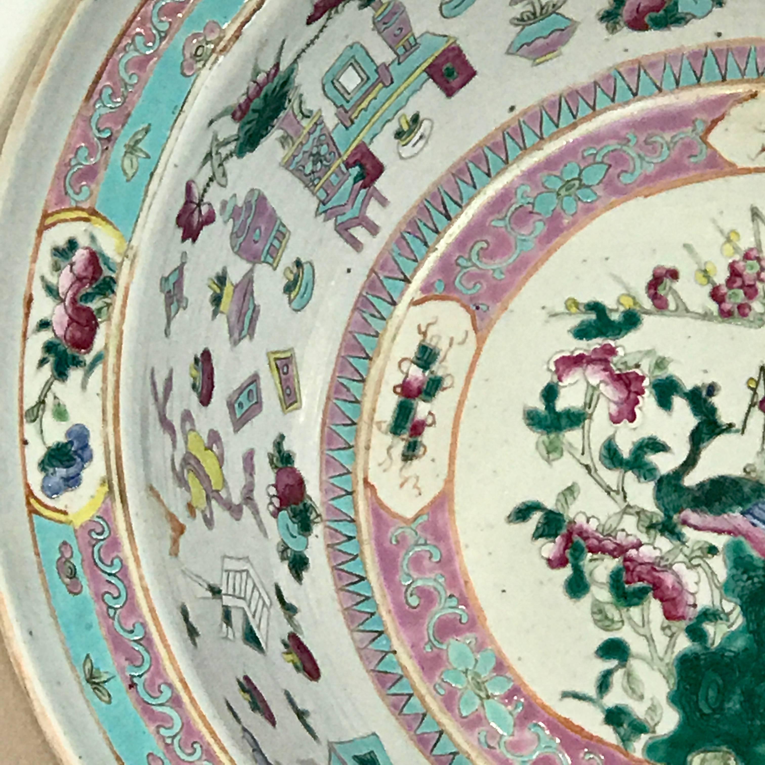 Chinese Export Large Qing Dynasty Famille Verte Peacock and Vase Motif Bowl