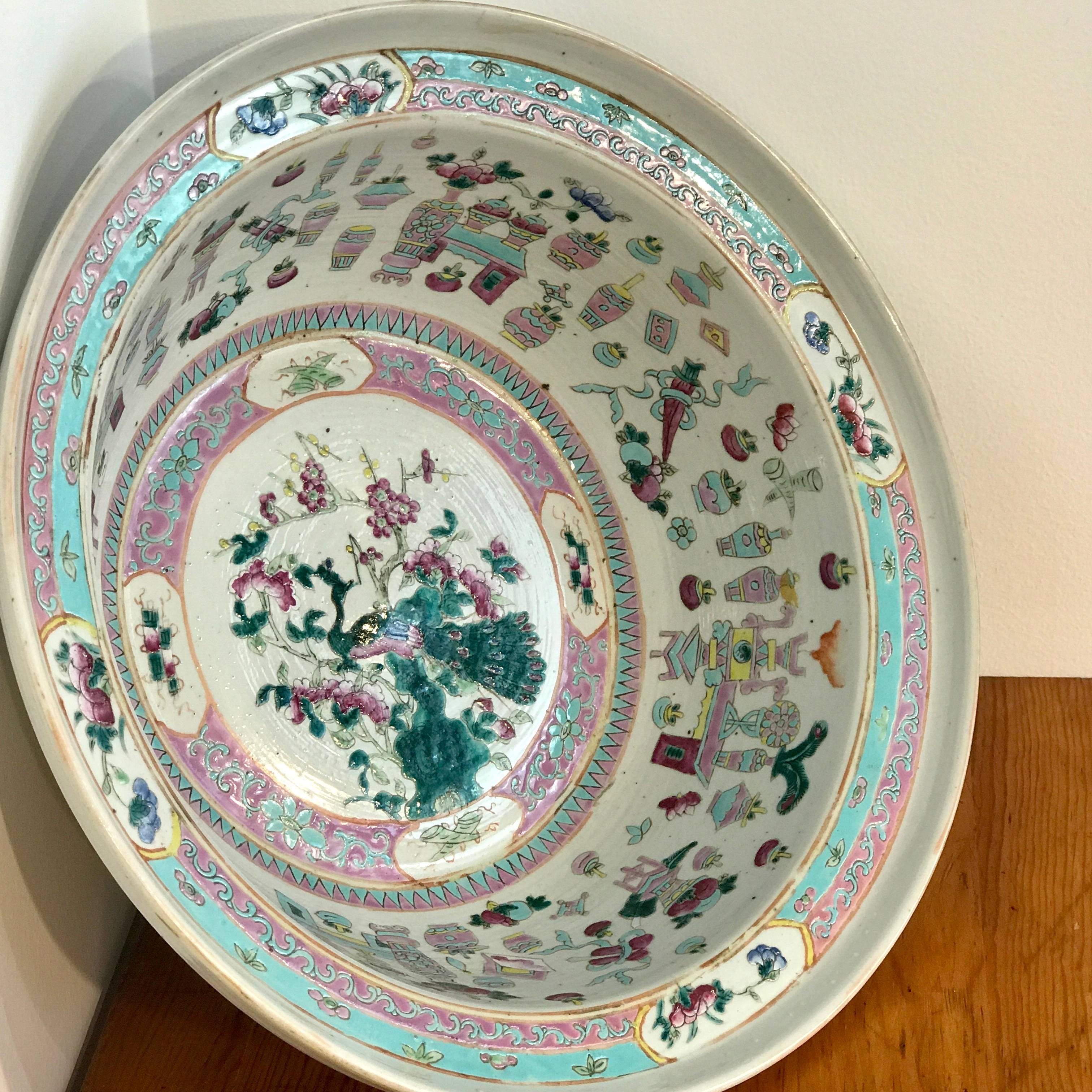Large Qing Dynasty Famille Verte Peacock and Vase Motif Bowl In Excellent Condition In West Palm Beach, FL