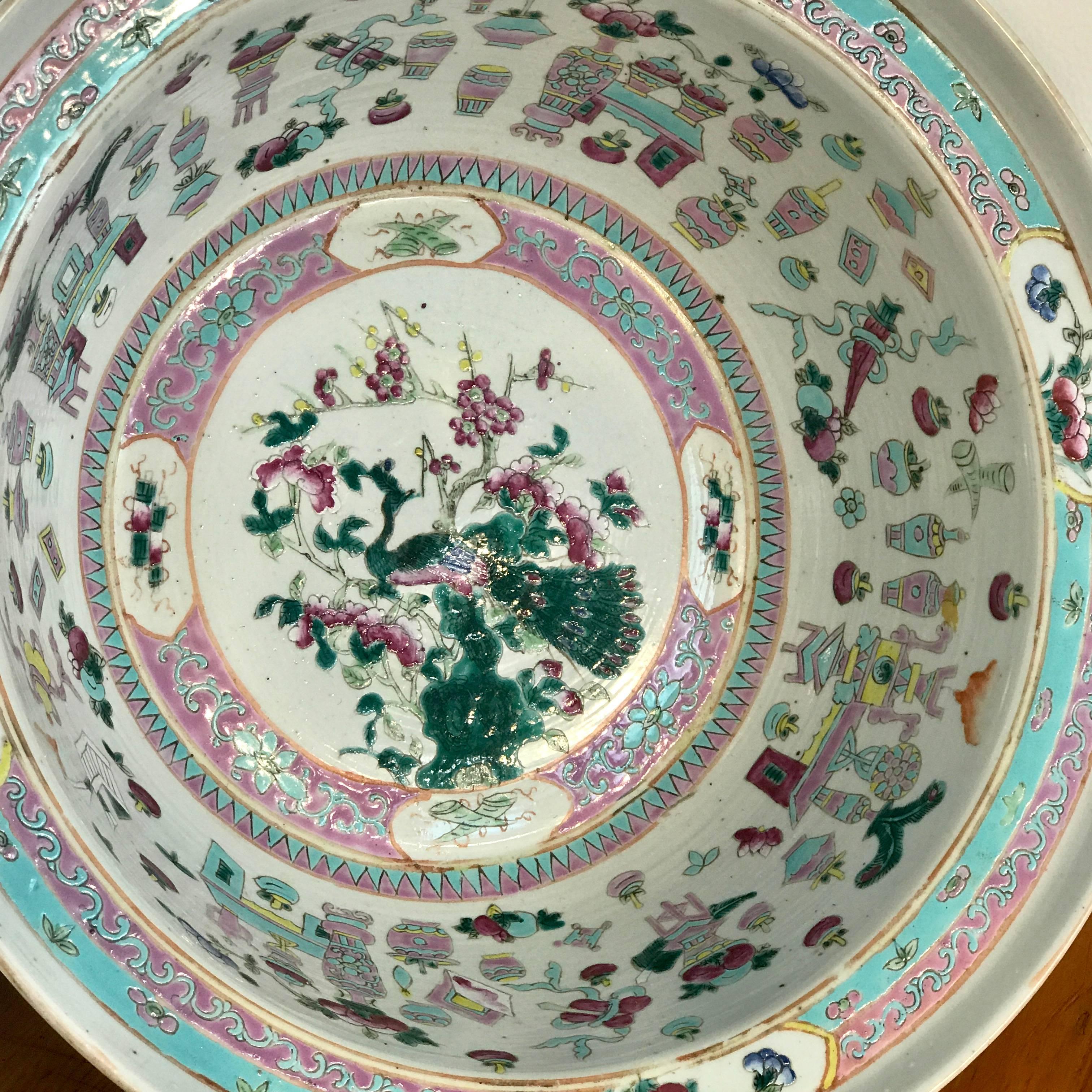 19th Century Large Qing Dynasty Famille Verte Peacock and Vase Motif Bowl