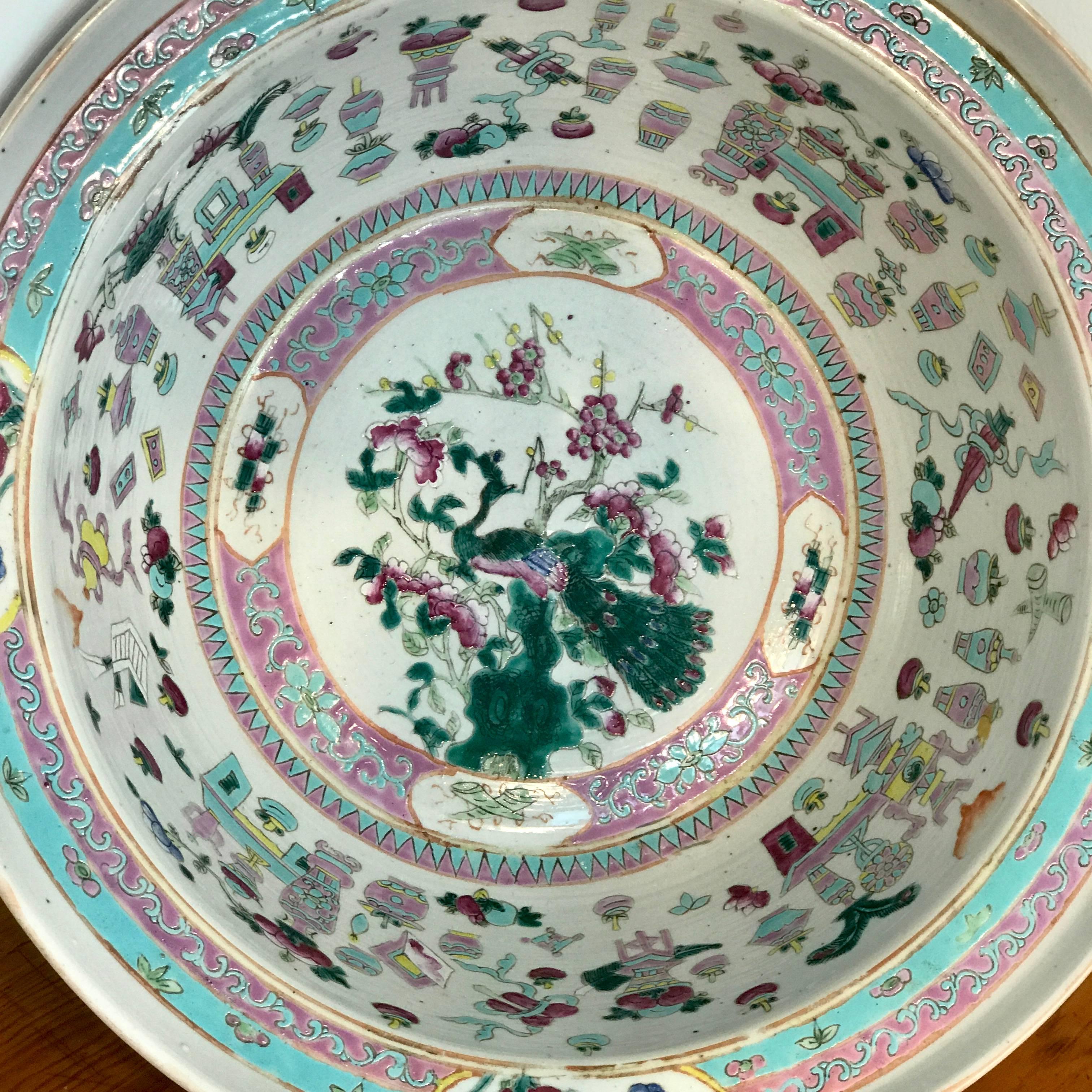 Porcelain Large Qing Dynasty Famille Verte Peacock and Vase Motif Bowl