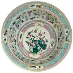 Large Qing Dynasty Famille Verte Peacock and Vase Motif Bowl