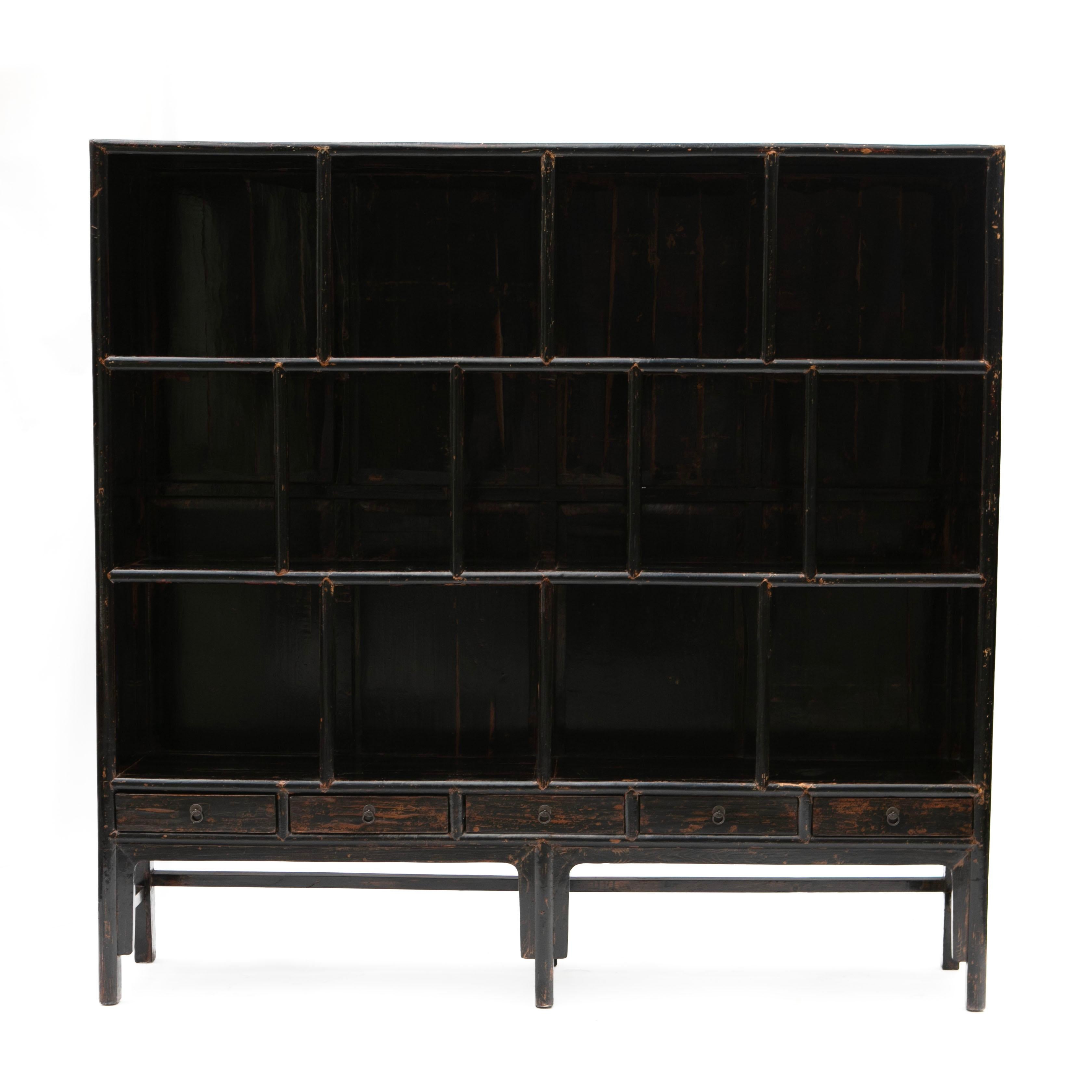 Chinese Large Qing Period Bookcase Original Black Lacquer For Sale