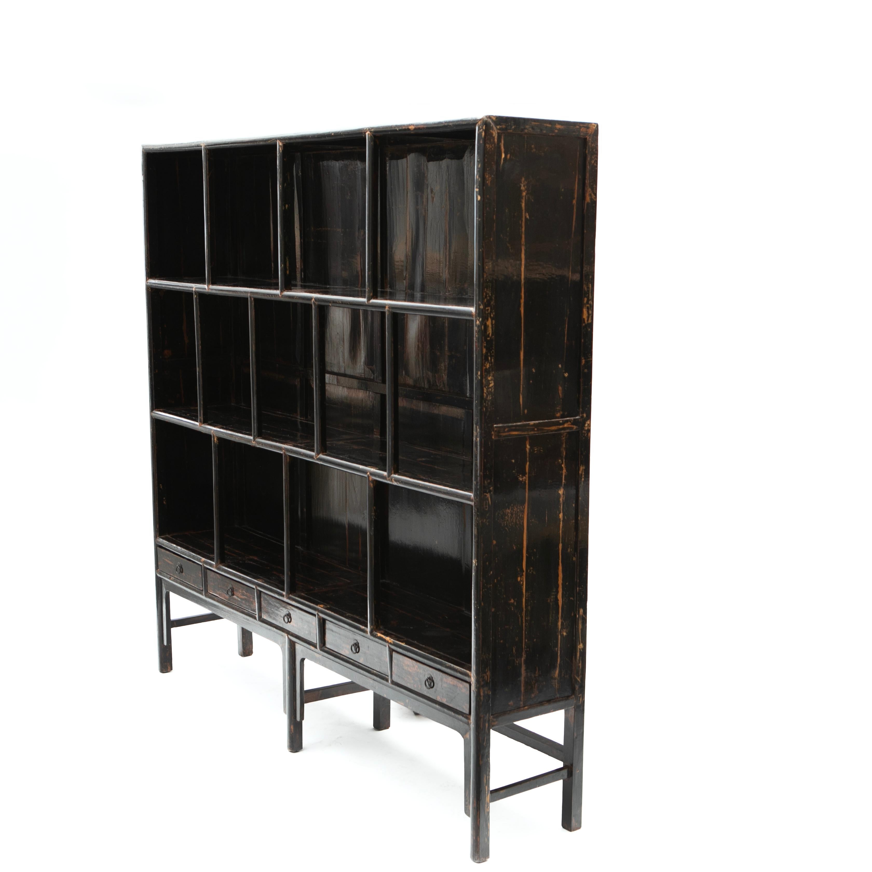 Lacquered Large Qing Period Bookcase Original Black Lacquer For Sale