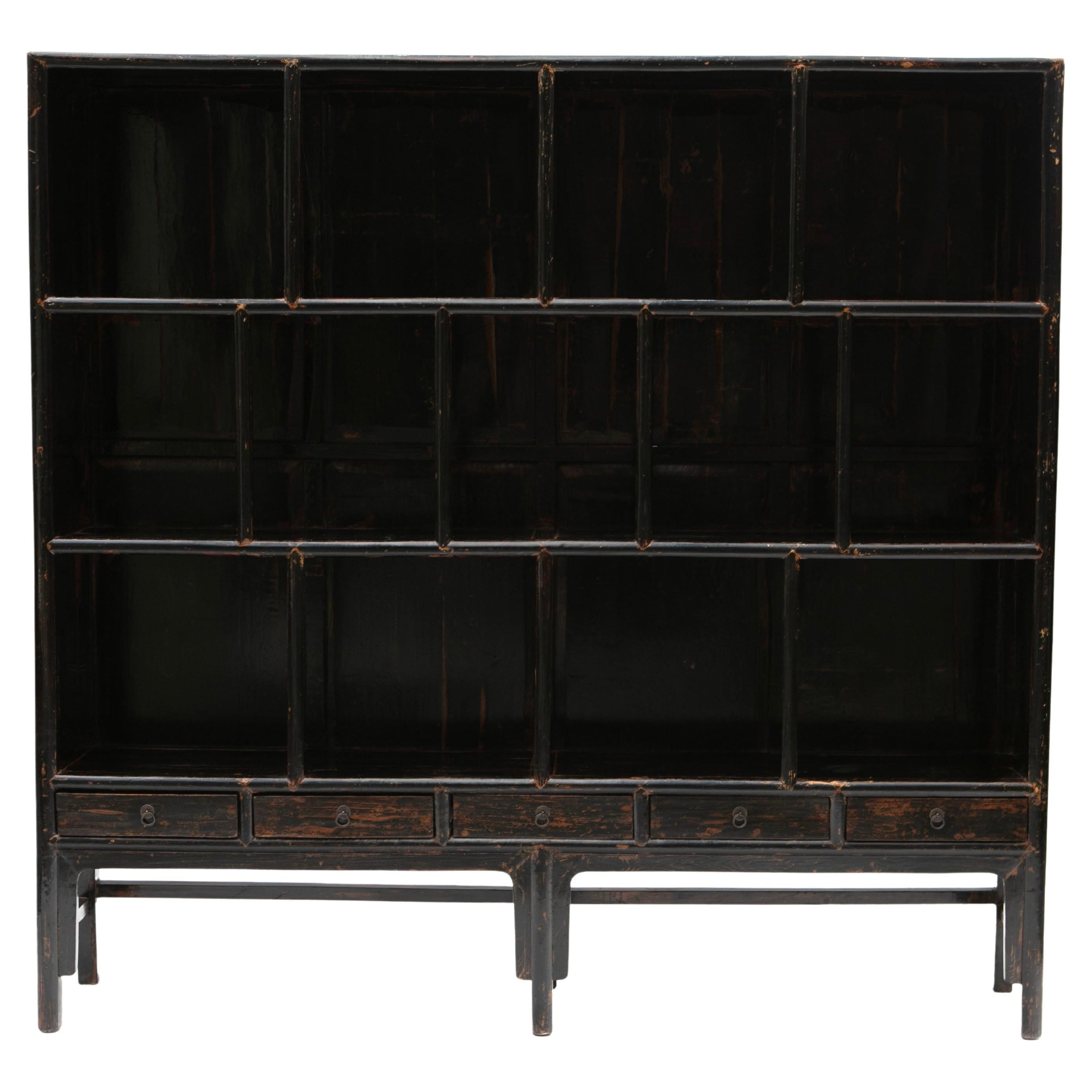 Large Qing Period Bookcase Original Black Lacquer For Sale