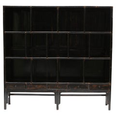 Antique Large Qing Period Bookcase Original Black Lacquer