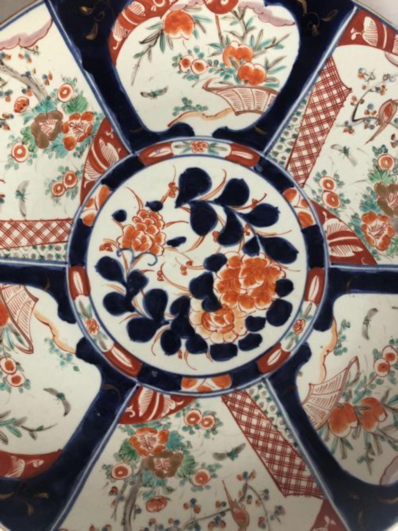 Large quality antique Japanese Imari hand painted charger. Having wonderful hand painted panels with flowers, leaves, trees and birds in Red, Blue, Green, White and Gold colours.
