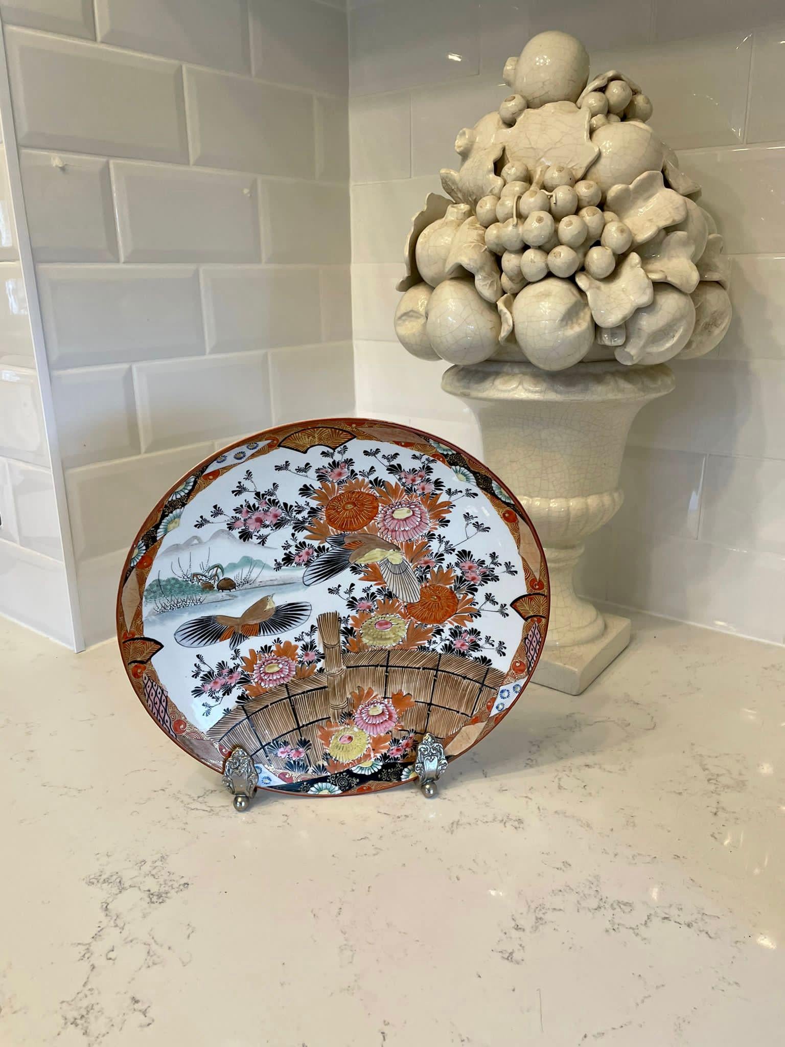 Large Quality Antique Kutani Hand Painted Shallow Bowl Signed Shozo For Sale 1