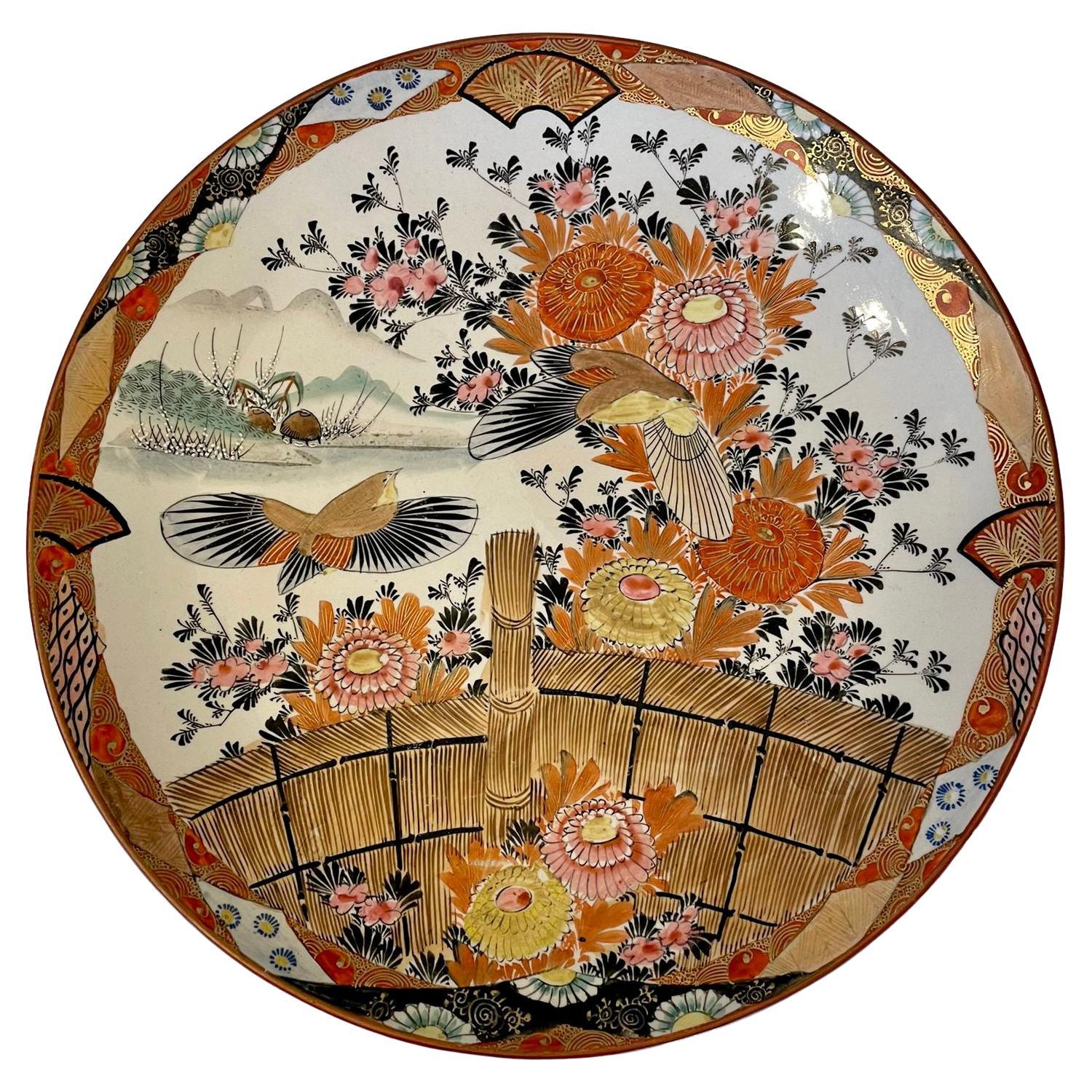 Large Quality Antique Kutani Hand Painted Shallow Bowl Signed Shozo For Sale