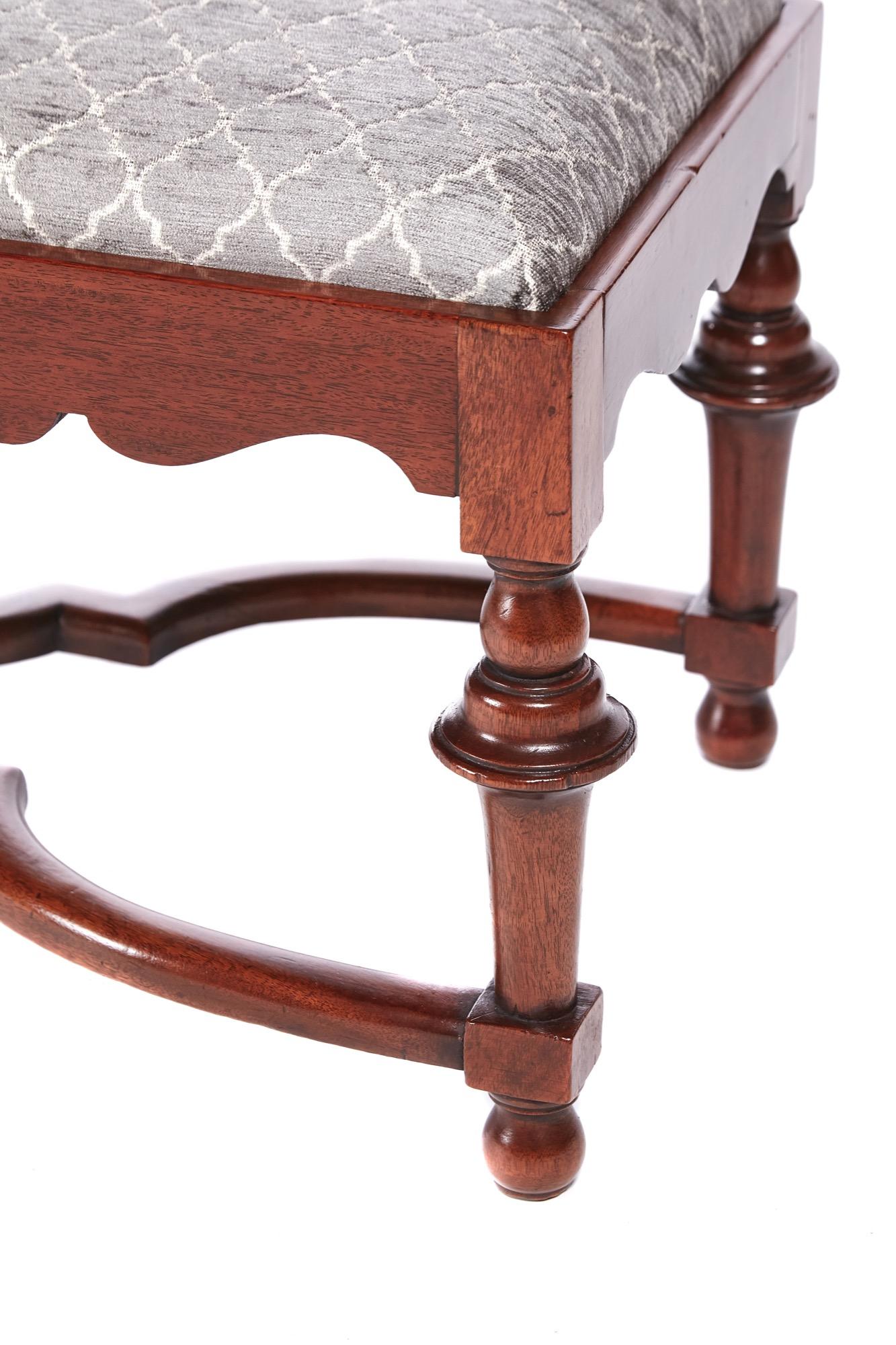 Large quality antique mahogany freestanding stool having a newly recovered drop in seat quality solid mahogany shaped frieze raised on 4 shaped turned legs with round ball feet untied by a shaped stretcher.
Fantastic color and condition.
Measures: