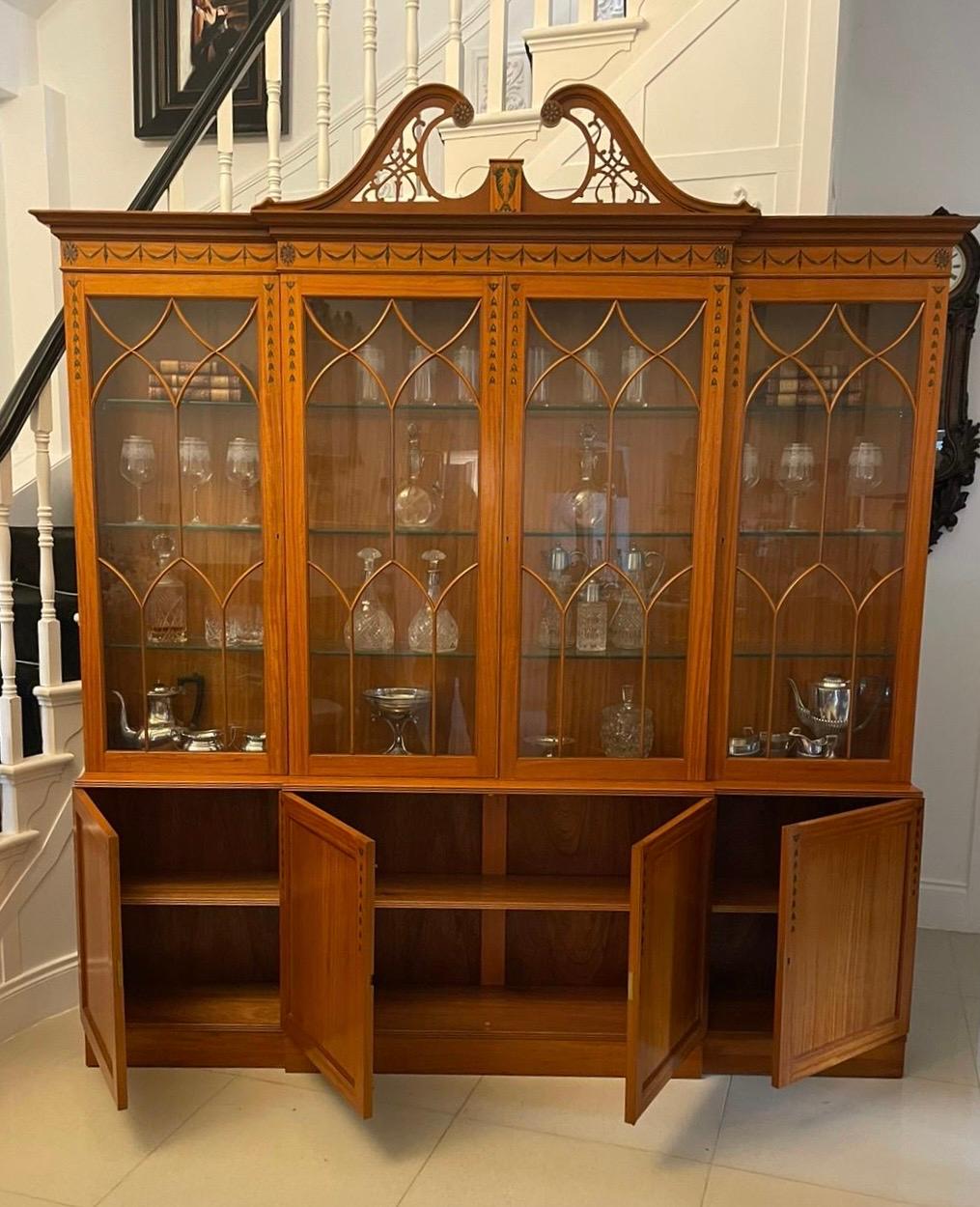 English Large Quality Satinwood Astral Glazed Breakfront Display Cabinet For Sale
