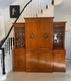 Large Quality Satinwood Breakfront Bookcase with Original Painted Decoration