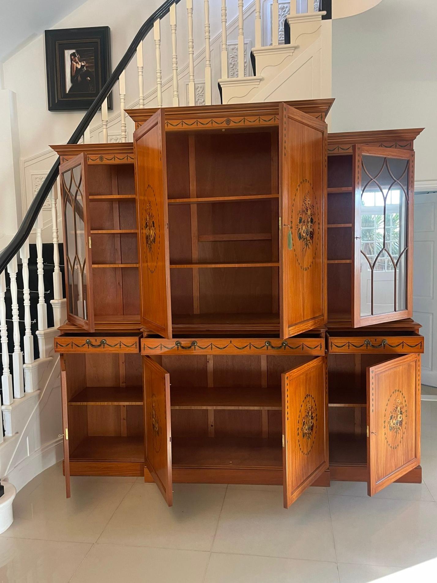 English Large Quality Satinwood Breakfront Bookcase with Original Painted Decoration For Sale