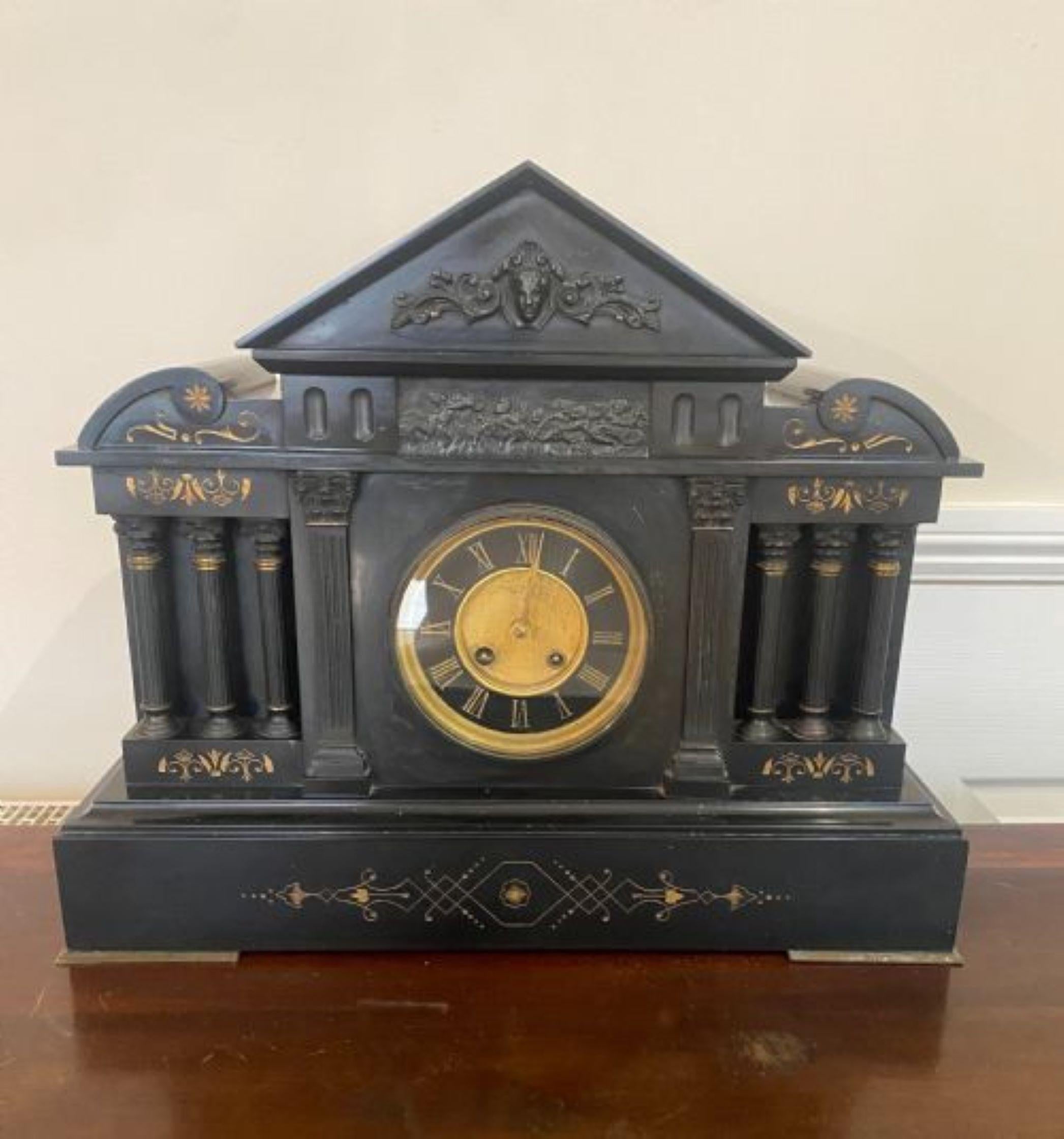 Large quality antique Victorian marble mantle clock having a quality ornate marble case with a circular brass dial, original hands with a eight day movement striking the hour and half hour on a gong. With original key
Please note all of our clocks