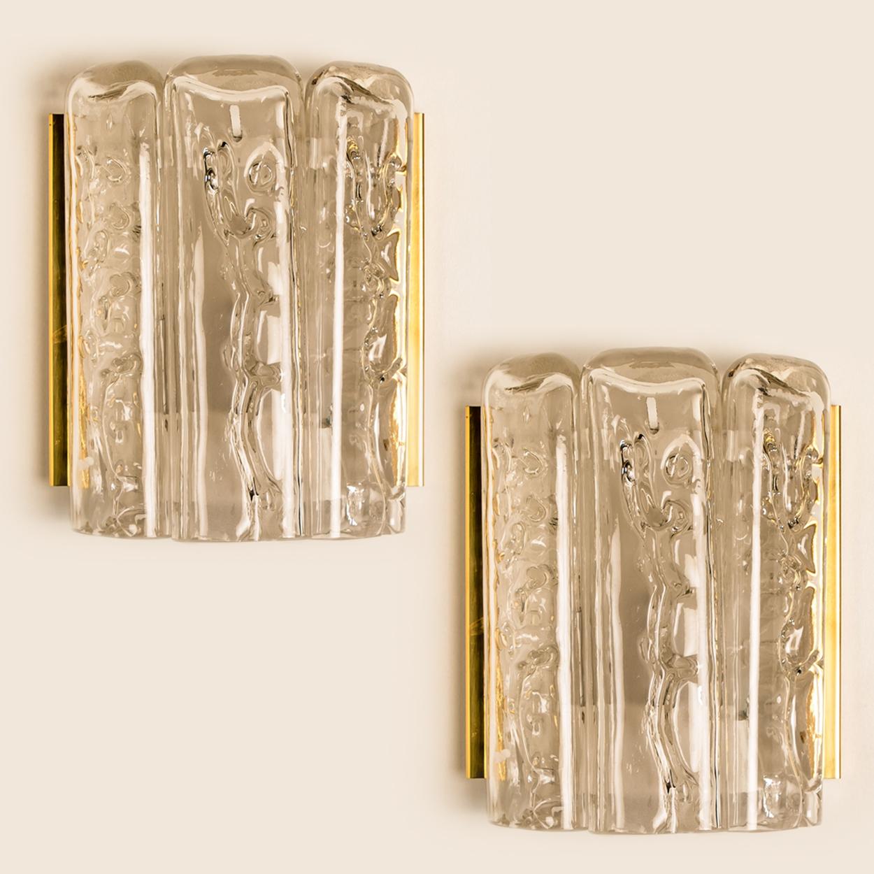 Large Quantity of Structured Blown Glass and Brass Wall Sconces by Doria, 1960 For Sale 6