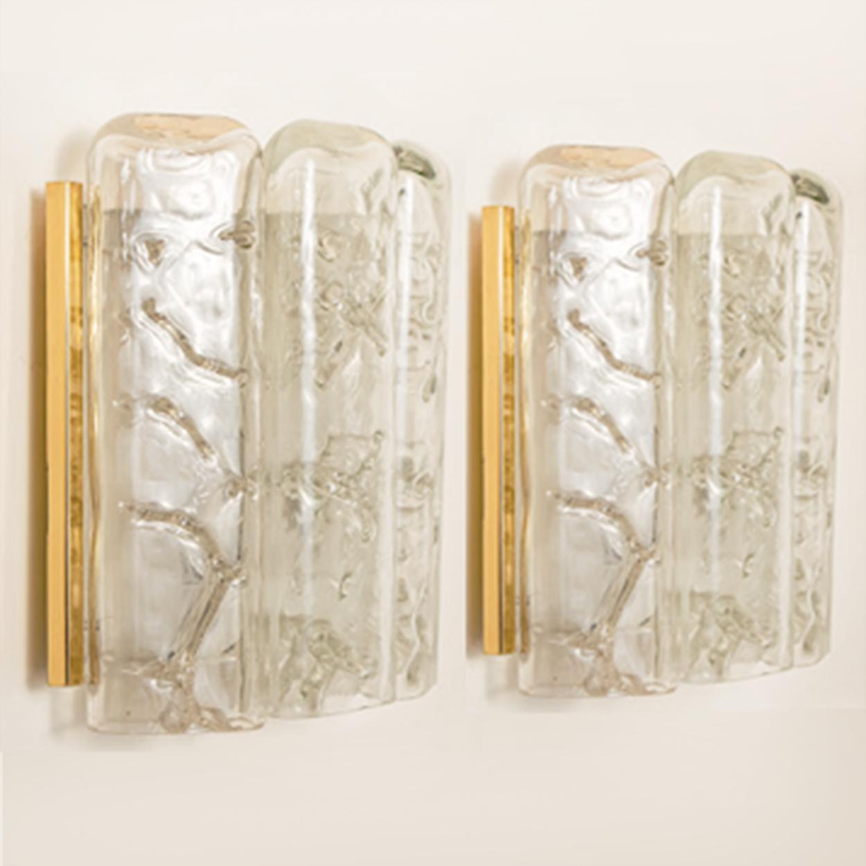 German Large Quantity of Structured Blown Glass and Brass Wall Sconces by Doria, 1960 For Sale