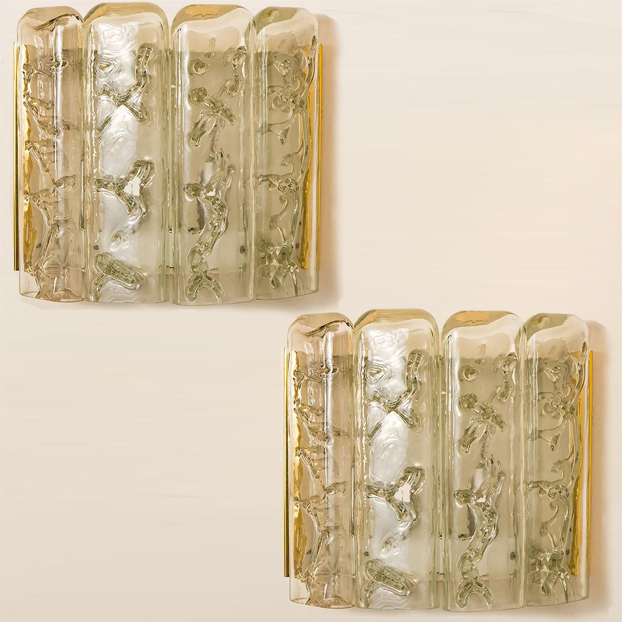 Large Quantity of Structured Blown Glass and Brass Wall Sconces by Doria, 1960 In Good Condition For Sale In Rijssen, NL