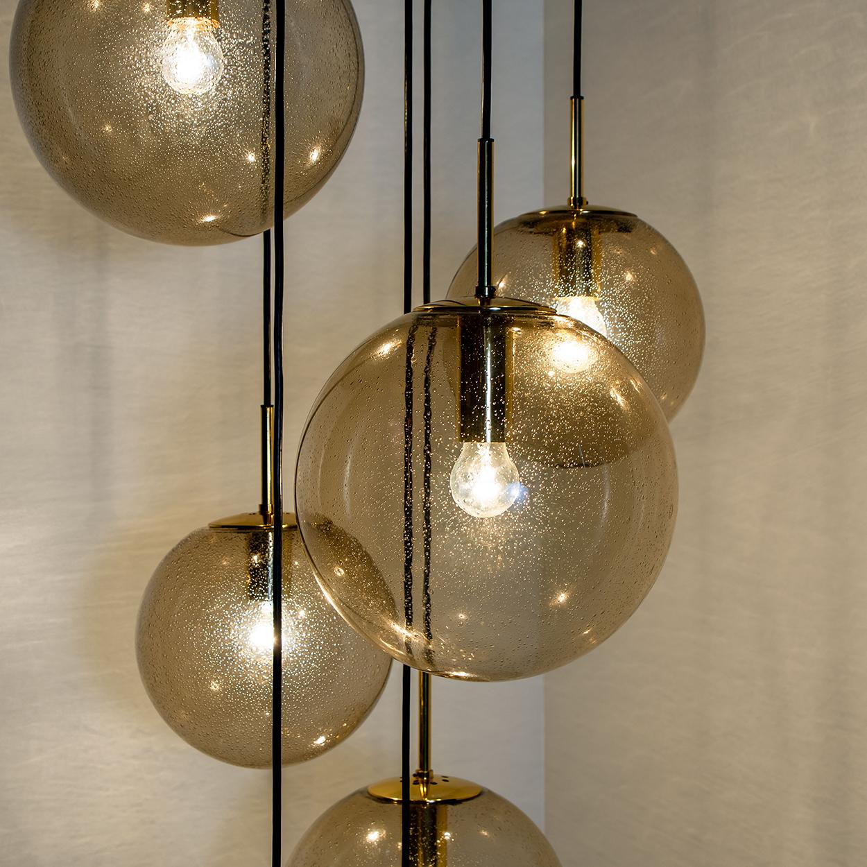 Brass Large Quantity Smoked Blown Globes by Glashütte Limburg, Four Sizes