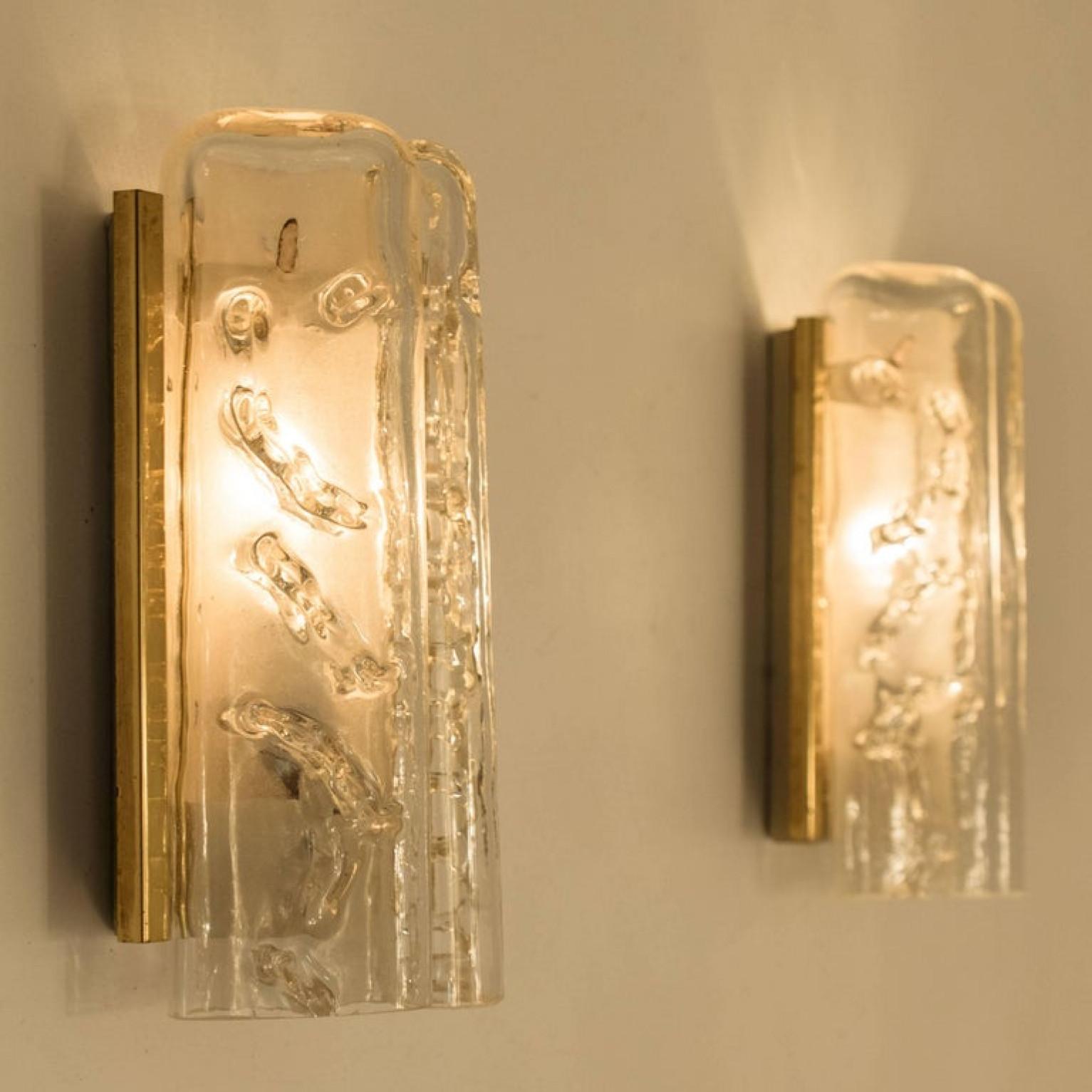 Large Quanty of Structured Blown Glass and Brass Wall Sconces by Doria, 1960 For Sale 3
