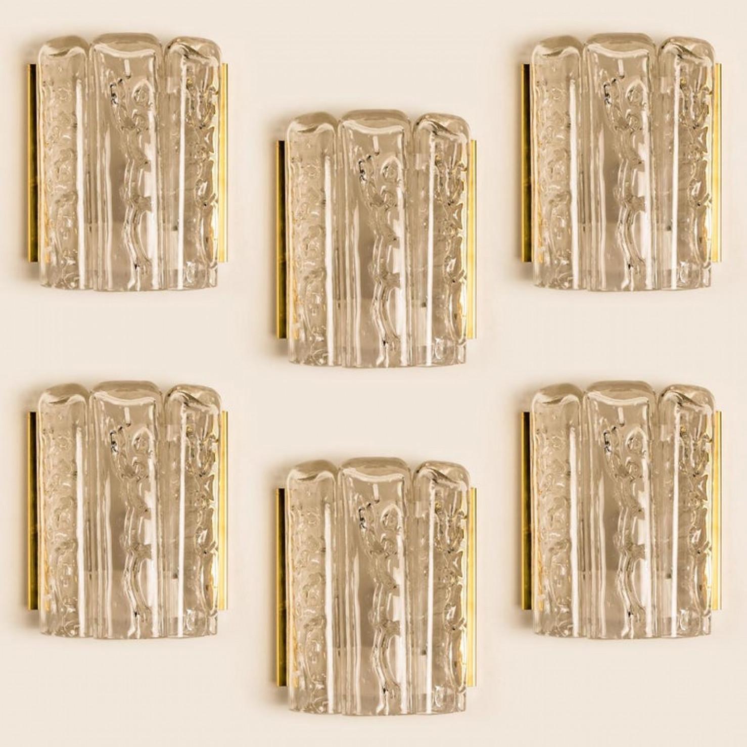 Mid-Century Modern Large Quanty of Structured Blown Glass and Brass Wall Sconces by Doria, 1960 For Sale