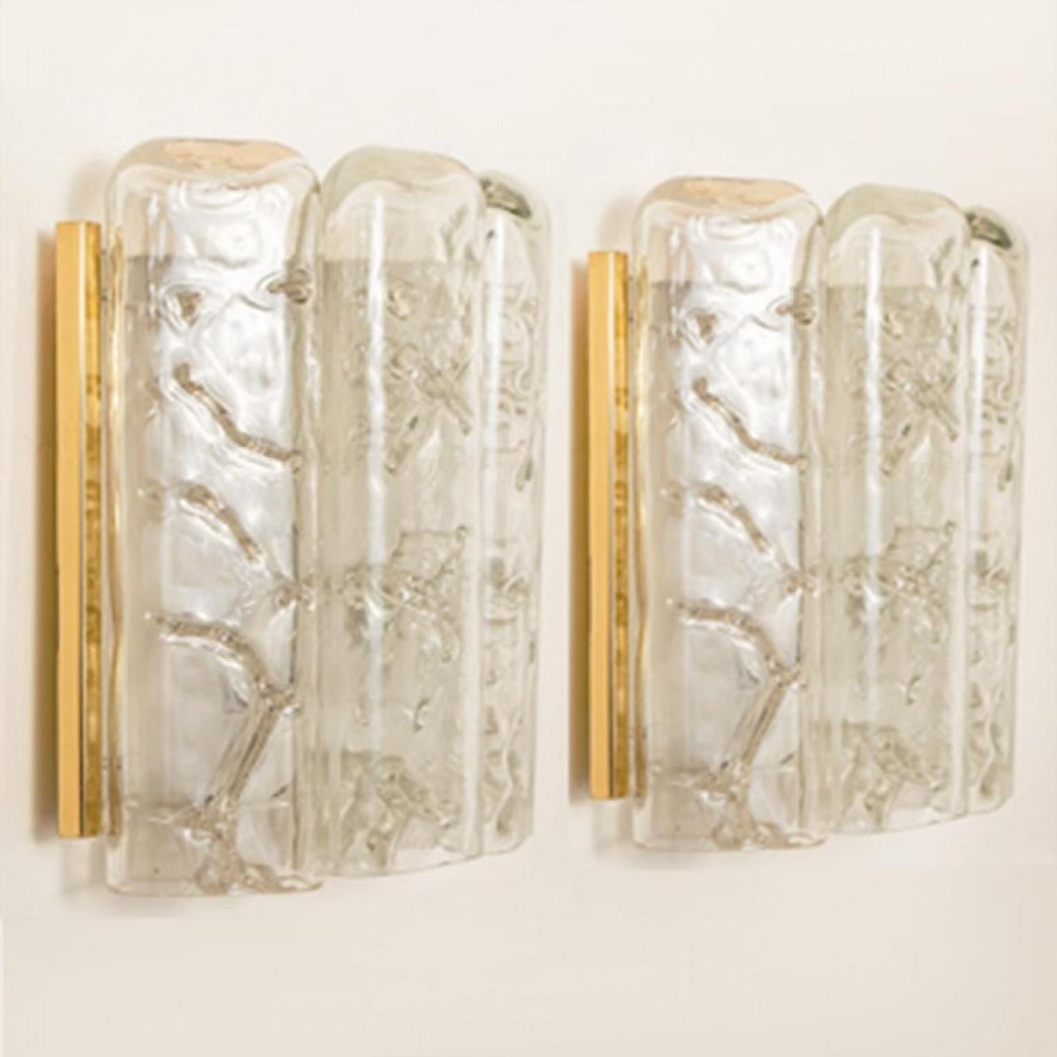 Painted Large Quanty of Structured Blown Glass and Brass Wall Sconces by Doria, 1960 For Sale